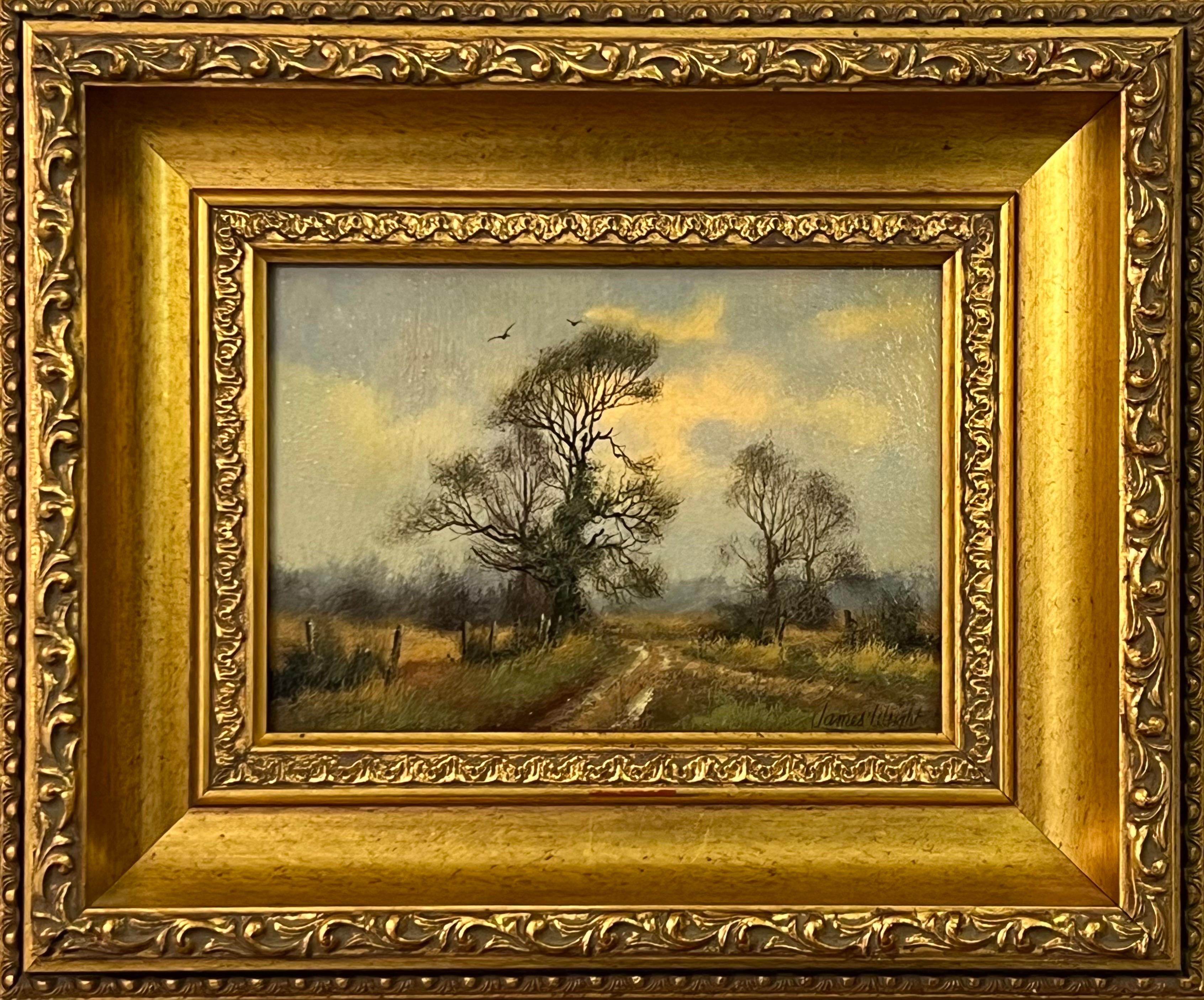 Landscape Painting James Wright - Chemin de campagne avec arbres et oiseaux dans la campagne anglaise par un artiste du 20e siècle