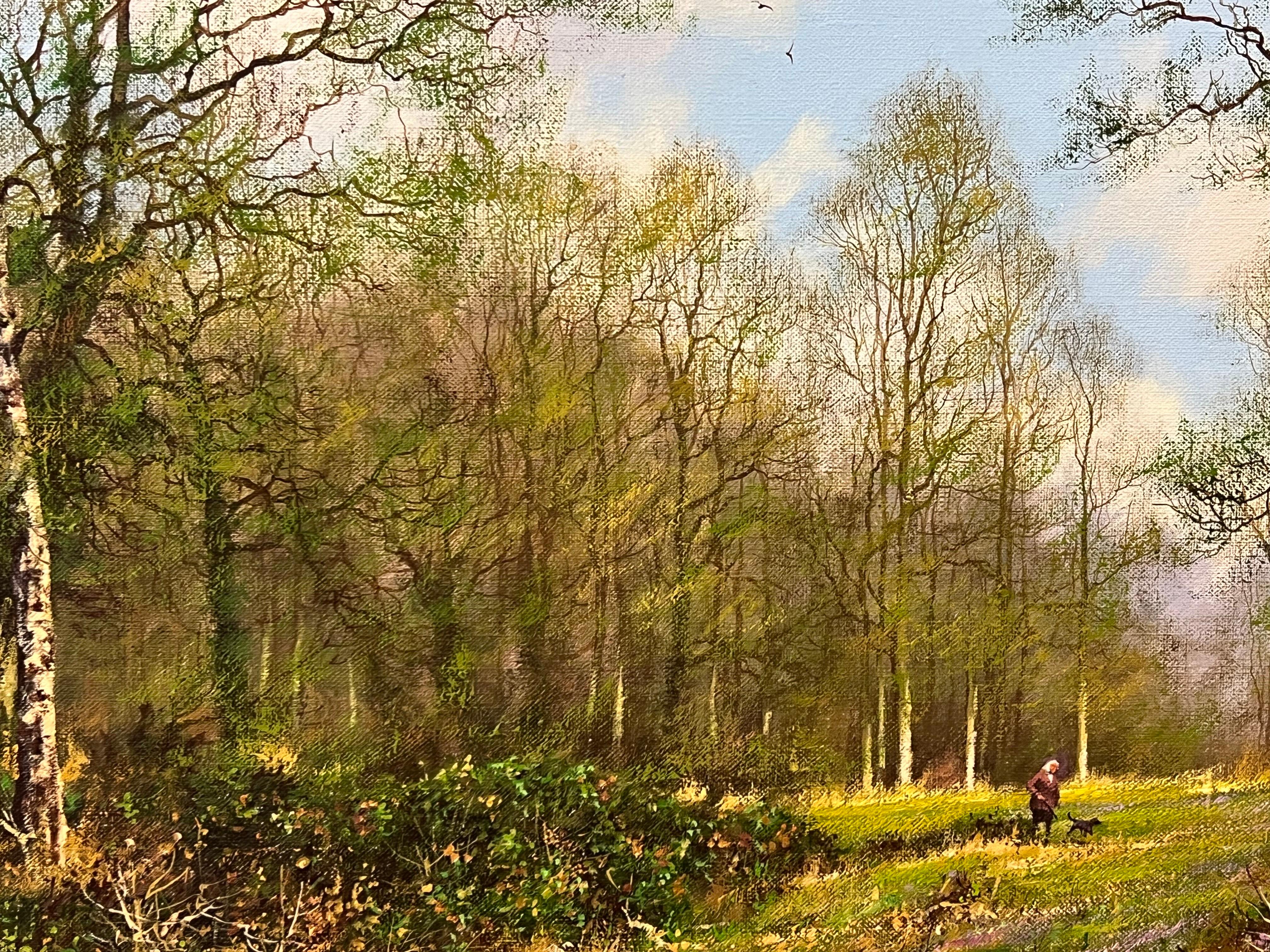 Dog Walk in a Silver Birch Woodland in the English Countryside by British Artist For Sale 6