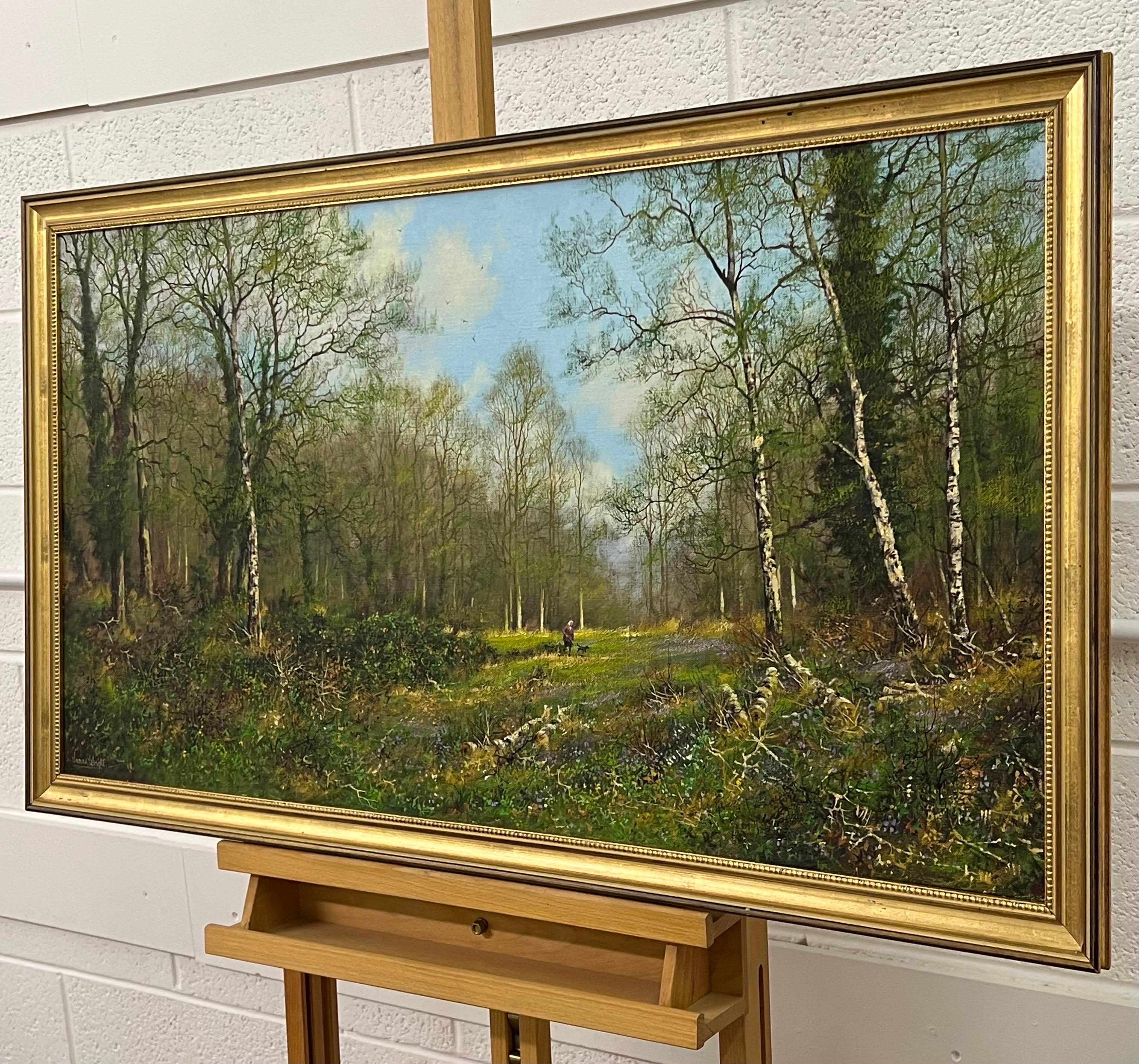 Oil Painting of a Dog Walk in a Silver Birch Woodland in the English Countryside, by 20th Century Modern British Artist, James Wright 

Art measures 30 x 16 inches
Frame measures 36 x 22 inches 

This 1980's vintage painting depicts a figure walking