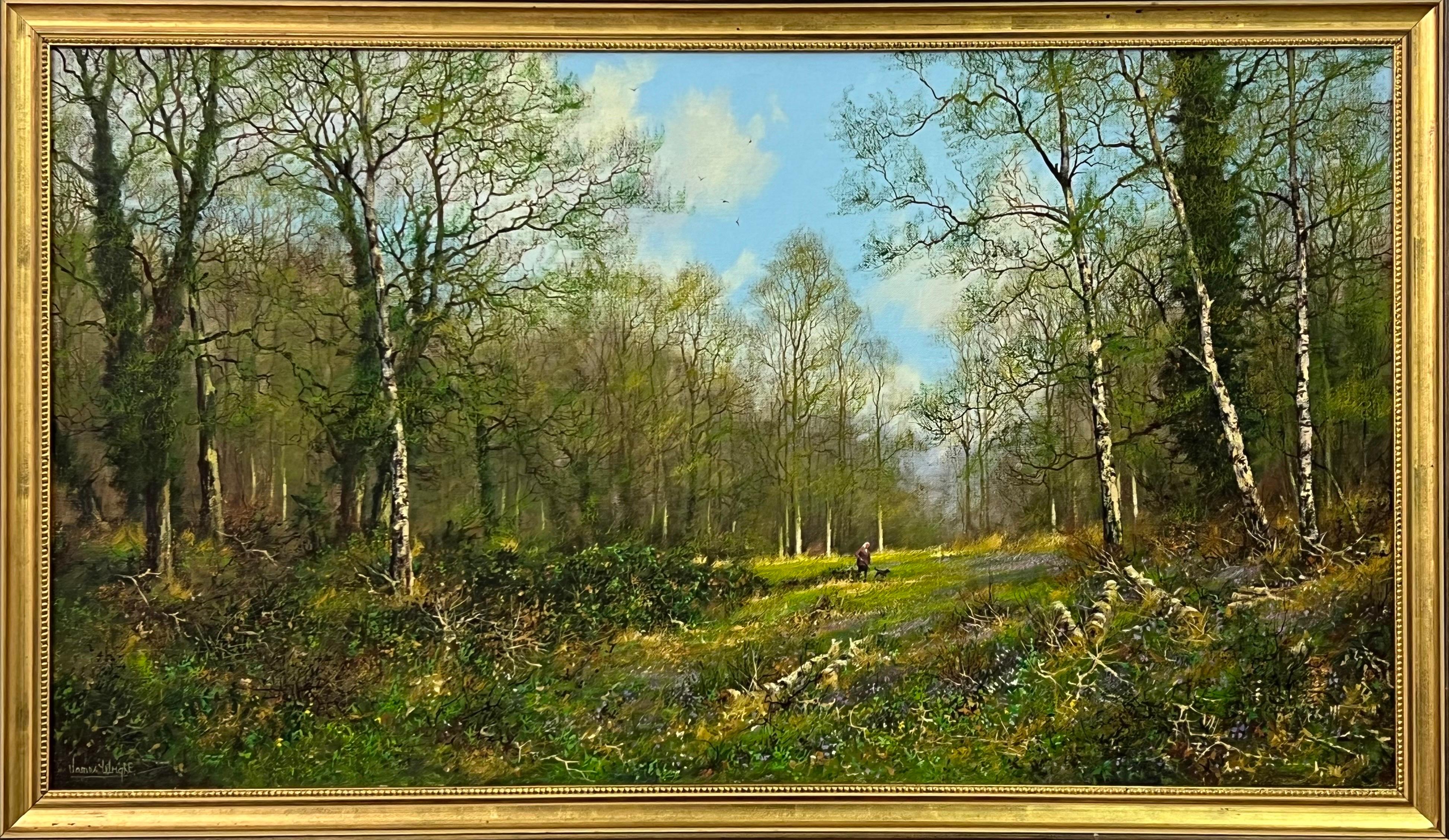 Dog Walk in a Silver Birch Woodland in der englischen Landschaft des britischen Künstlers