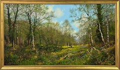 Promenade d'un chien dans un bois de bouleaux argentés dans la campagne anglaise par un artiste anglais