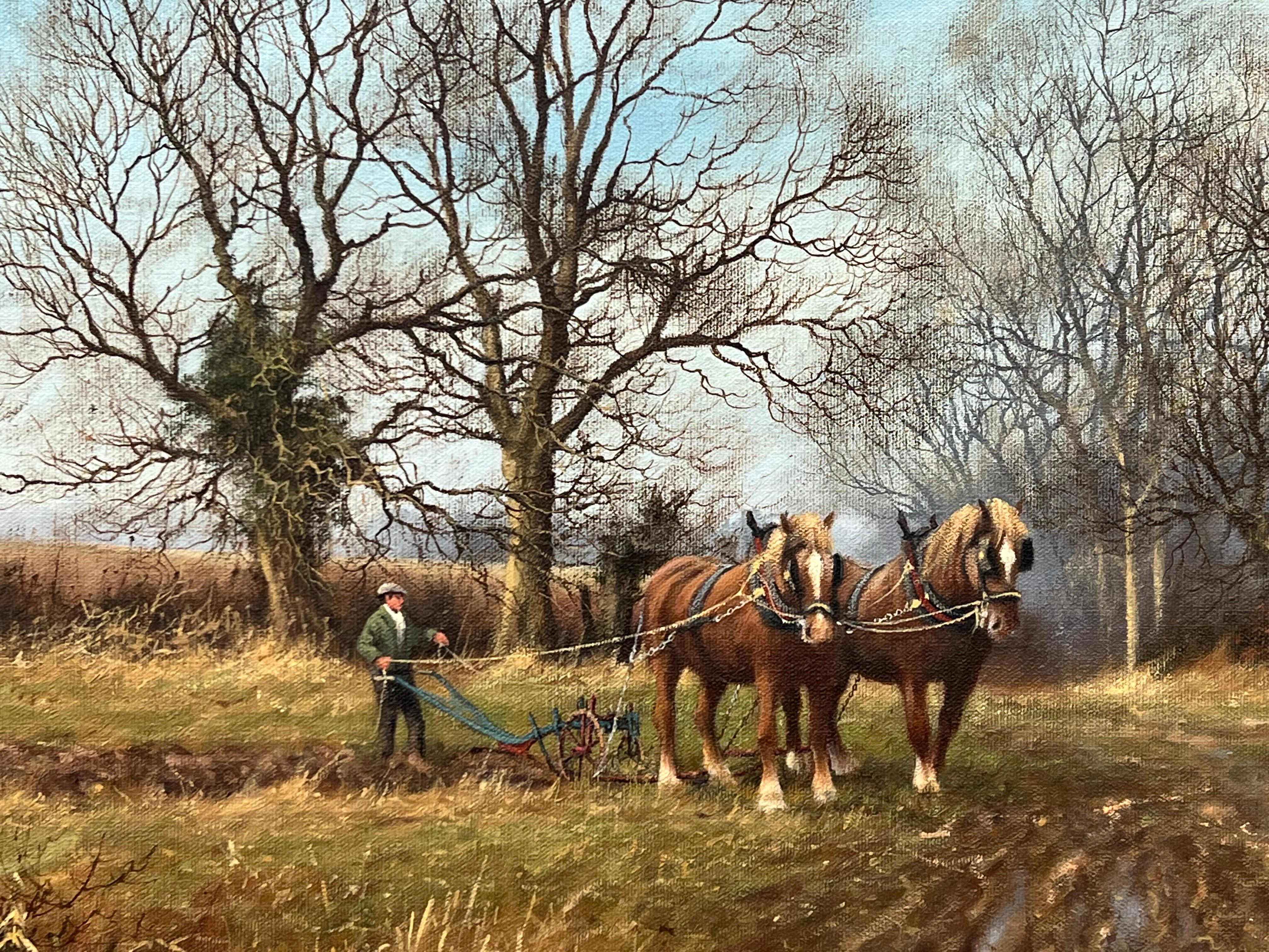 English Countryside & Trees with Horses Pulling Plough by Vintage British Artist For Sale 6