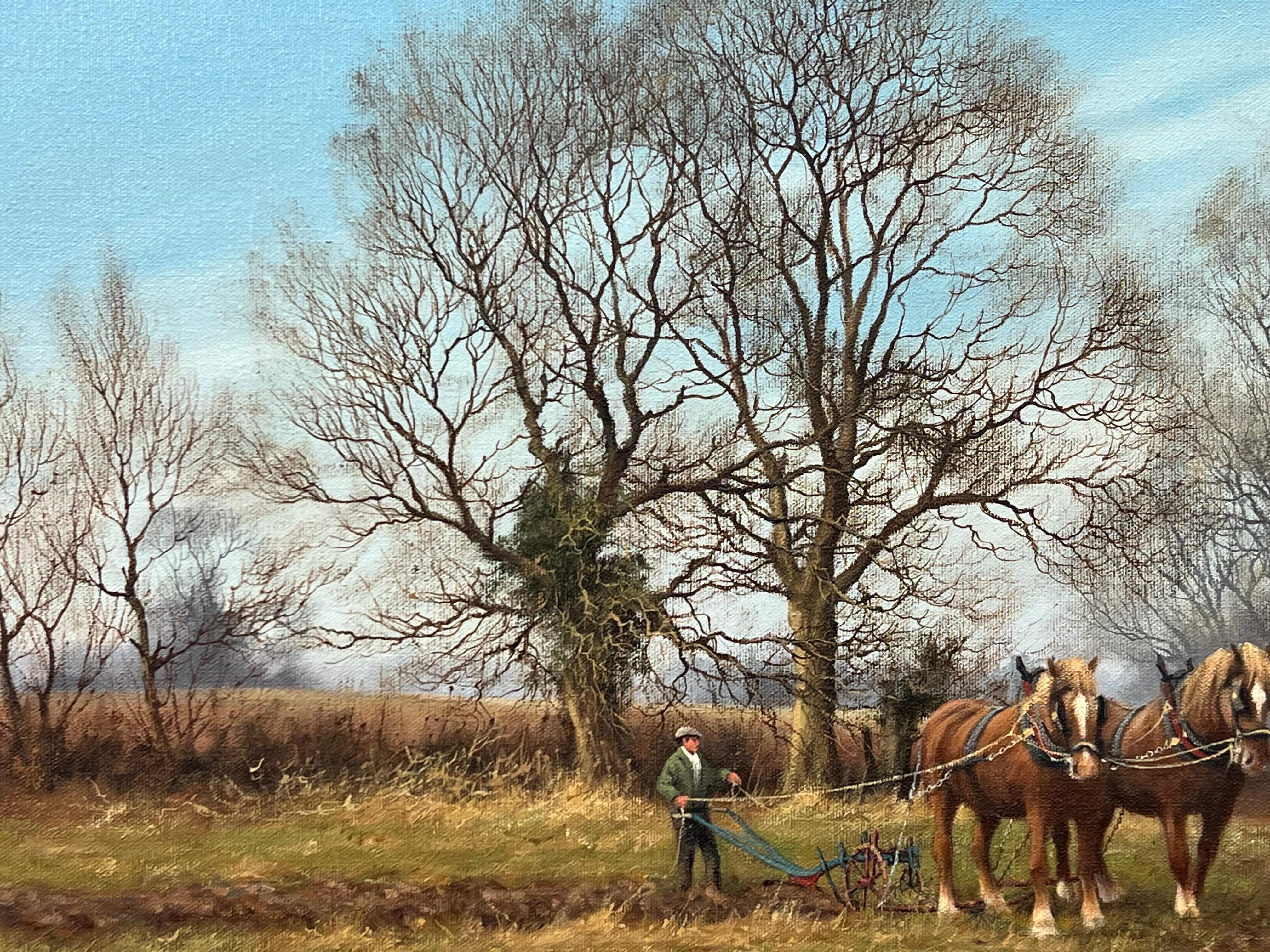 English Countryside & Trees with Horses Pulling Plough by Vintage British Artist For Sale 7