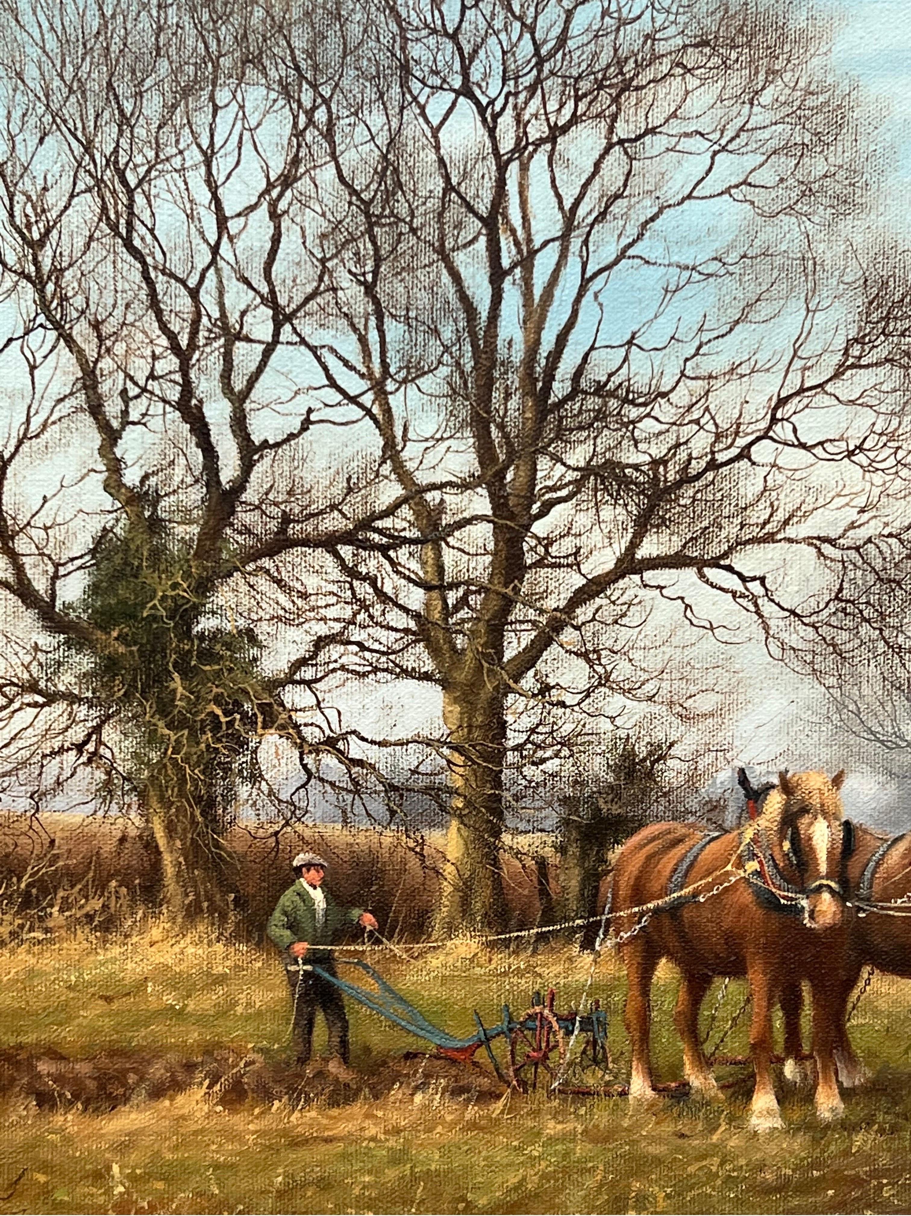 English Countryside & Trees with Horses Pulling Plough by Vintage British Artist For Sale 10