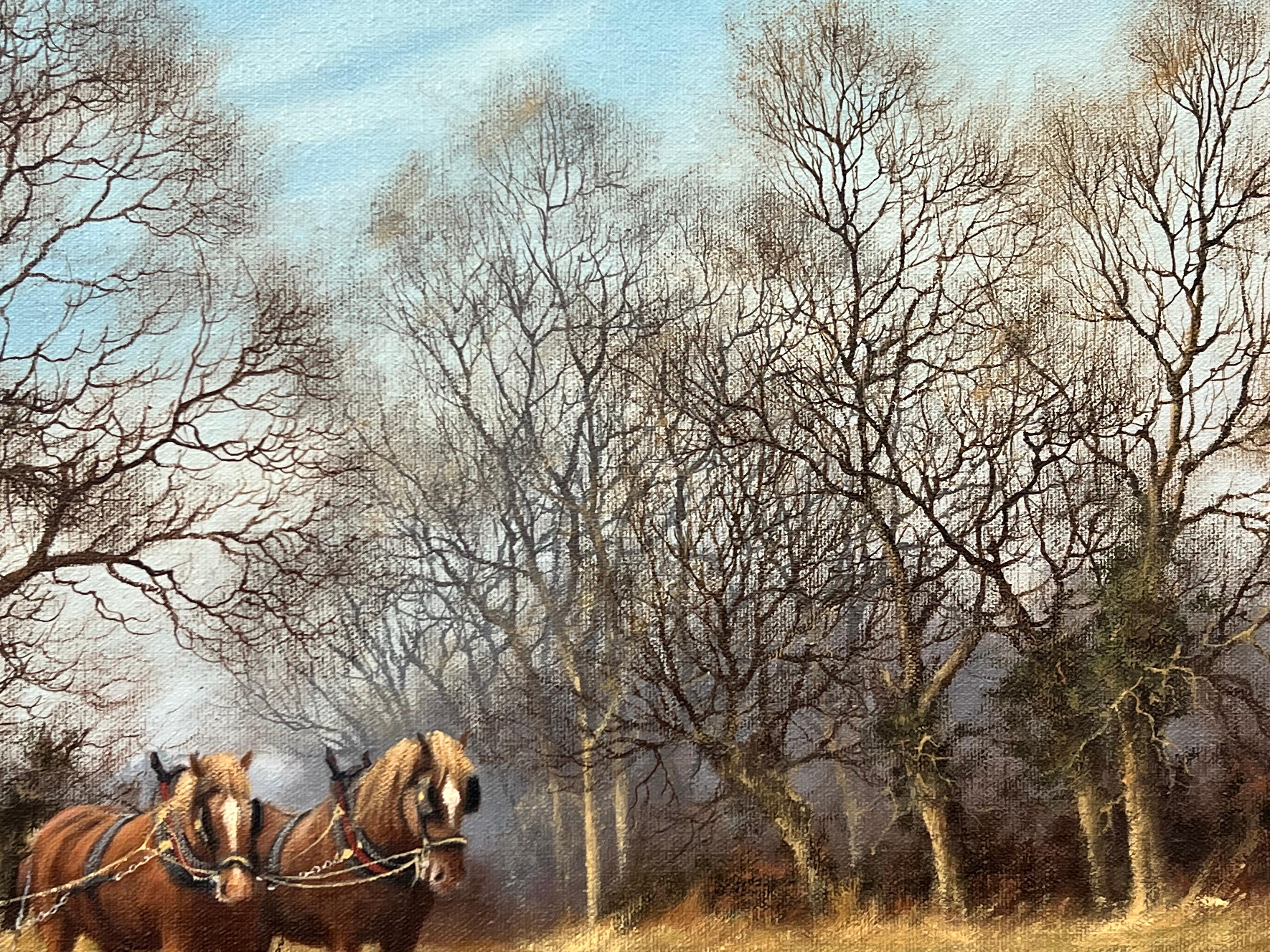 English Countryside & Trees with Horses Pulling Plough by Vintage British Artist For Sale 10
