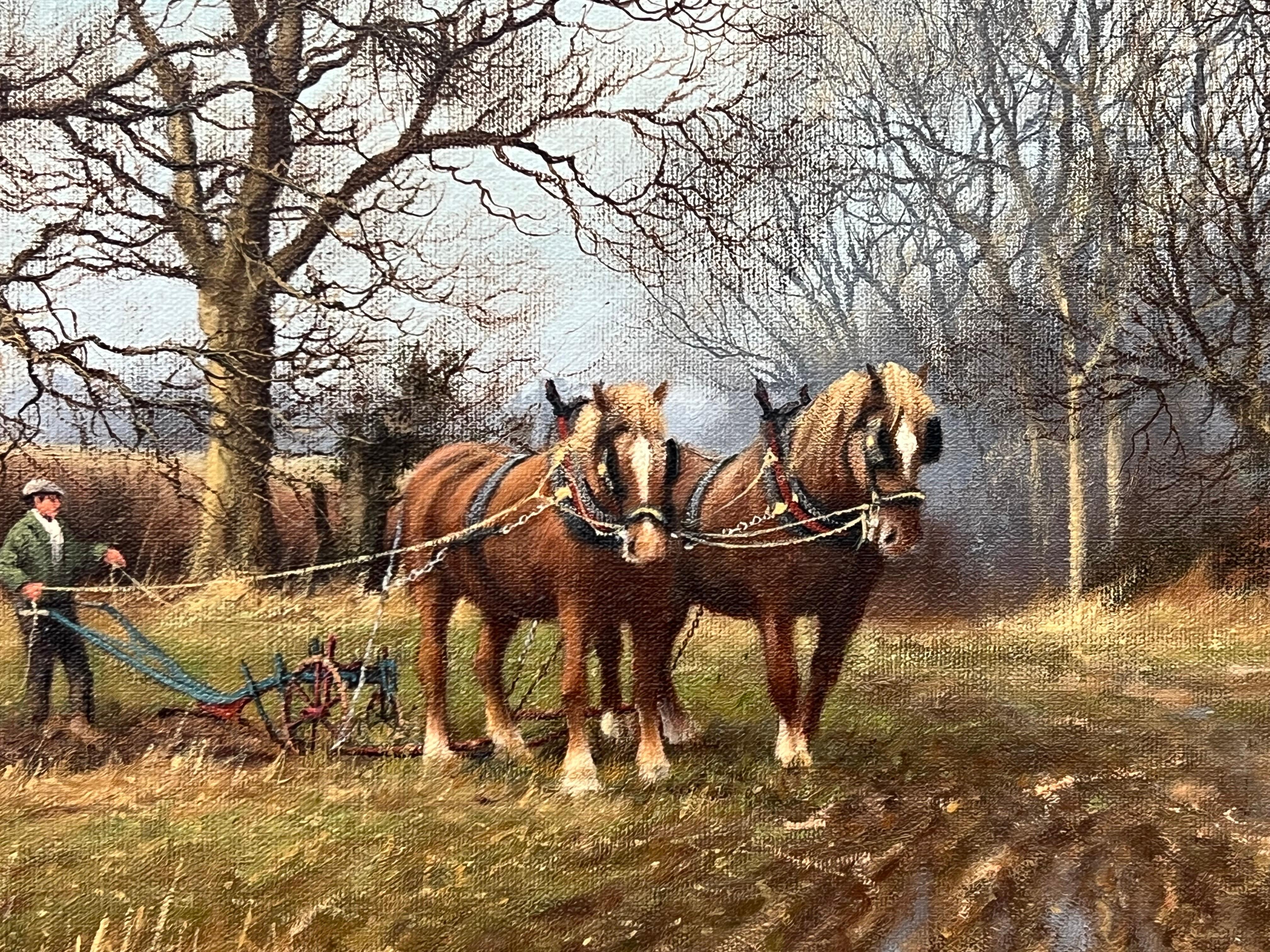 English Countryside & Trees with Horses Pulling Plough by Vintage British Artist For Sale 11