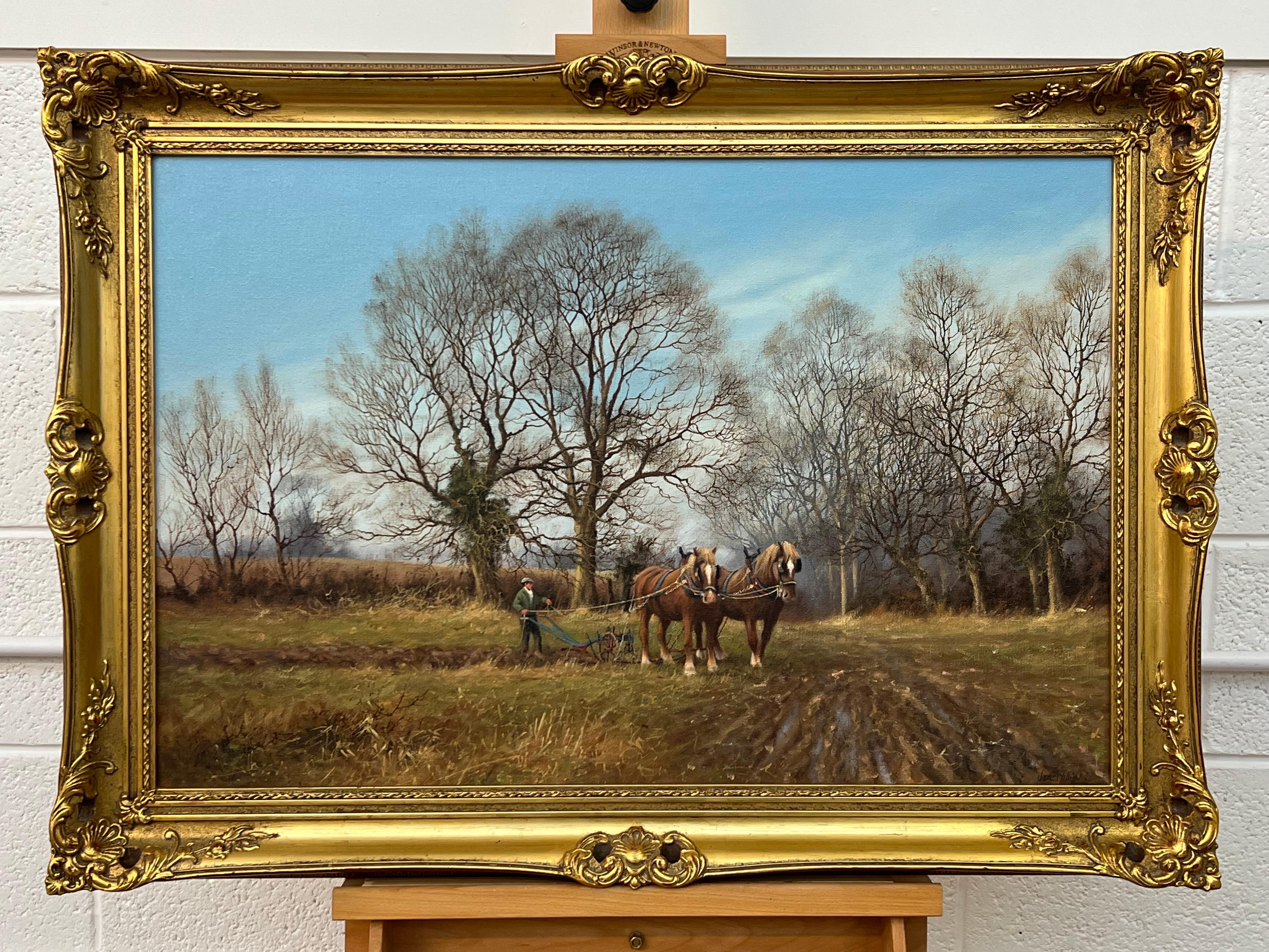 Englische Landschaft und Bäume mit Pferden, Pulling Plough, britischer Künstler im Angebot 13