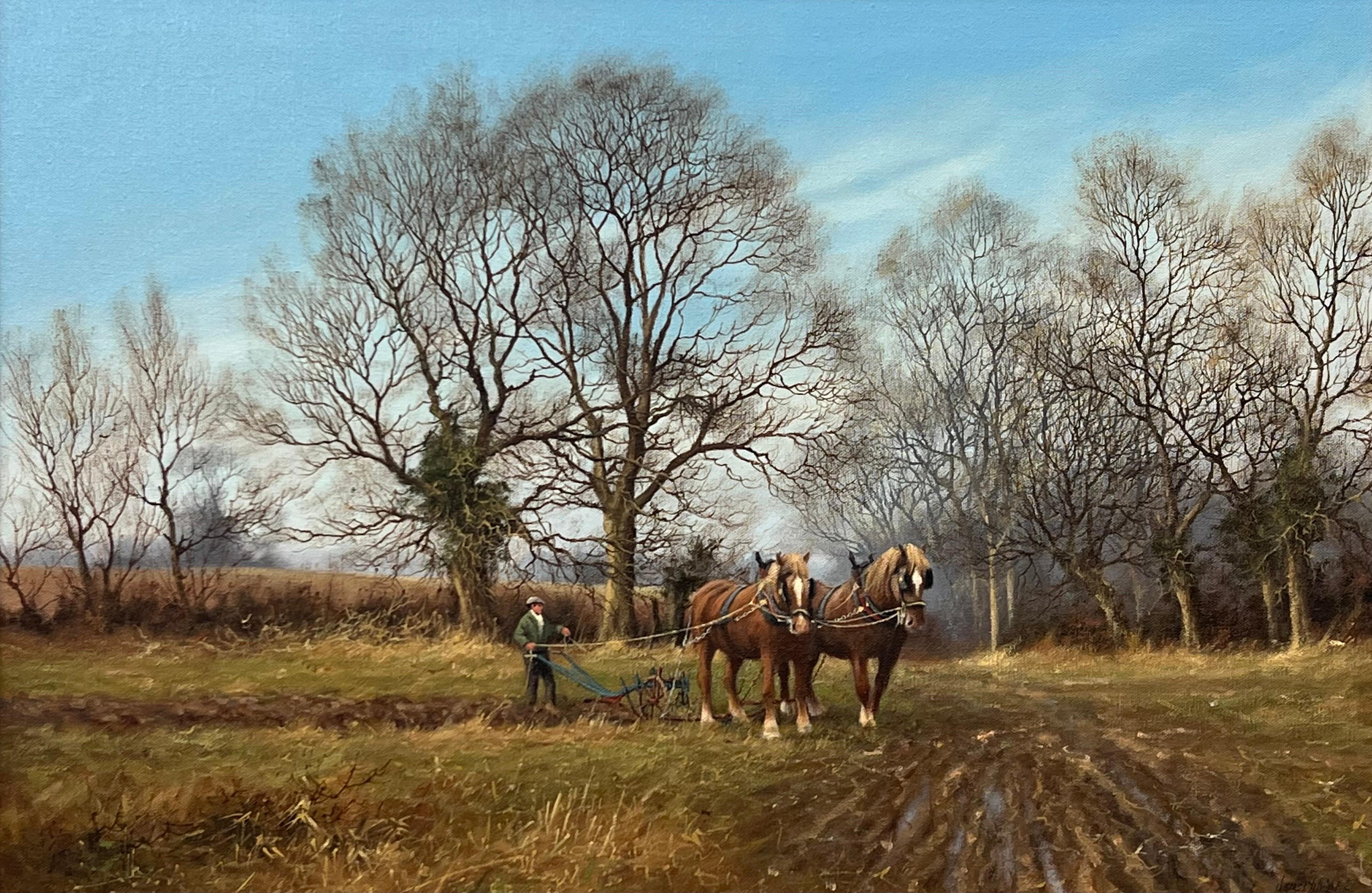 Englische Landschaft und Bäume mit Pferden, Pulling Plough, britischer Künstler – Painting von James Wright