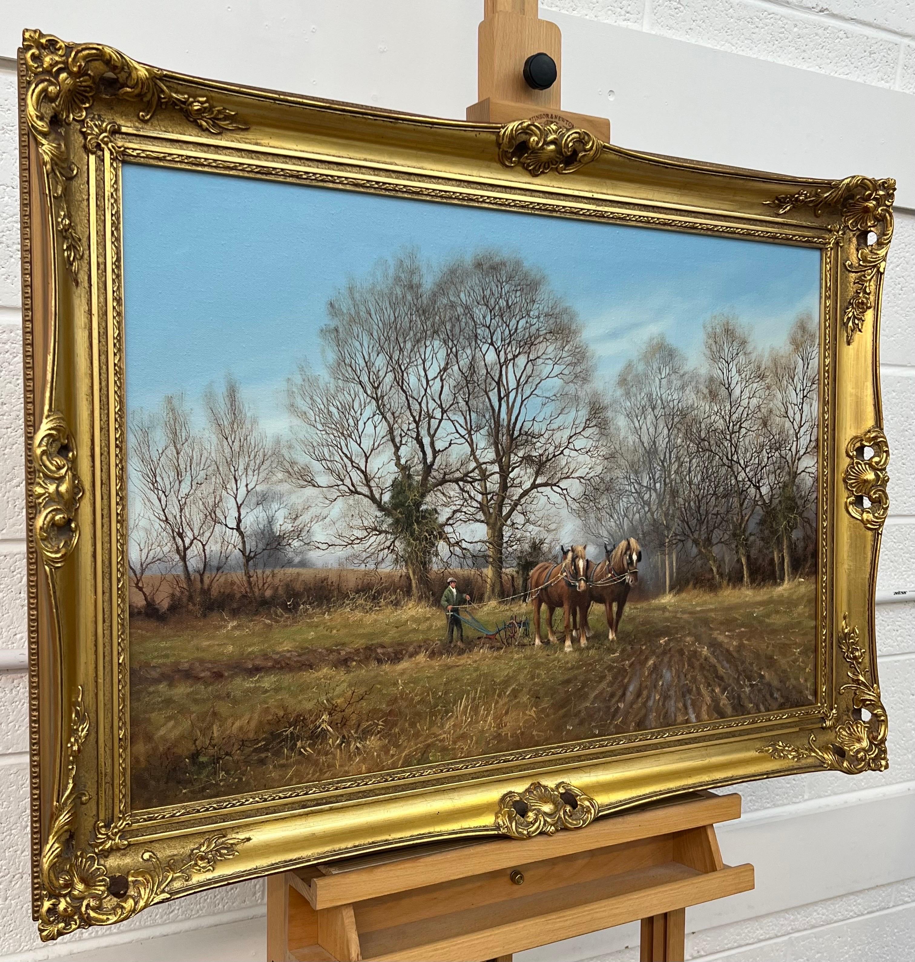 English Countryside & Trees with Horses Pulling Plough by Vintage British Artist - Realist Painting by James Wright
