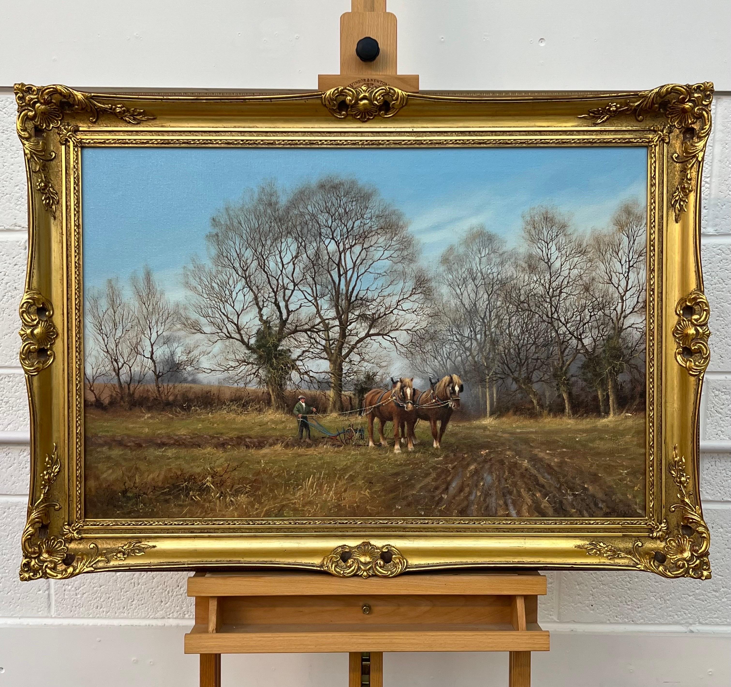 Traditionelles Ölgemälde der englischen Landschaft, umgeben von Bäumen, mit Pferden, die den Pflug ziehen, von dem britischen Vintage-Künstler James Wright 

Kunst misst 30 x 20 Zoll
Rahmen misst 36 x 26 Zoll 

James Wright wurde 1935 in