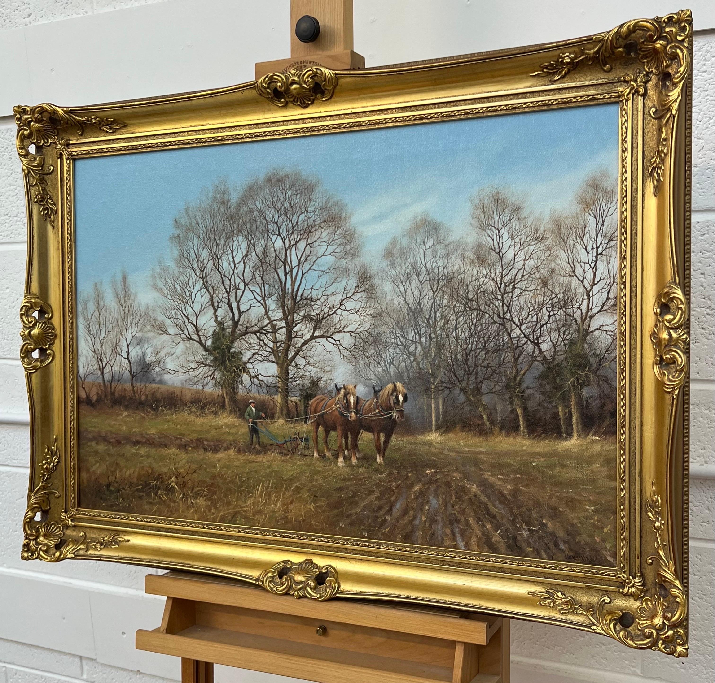 English Countryside & Trees with Horses Pulling Plough by Vintage British Artist For Sale 1