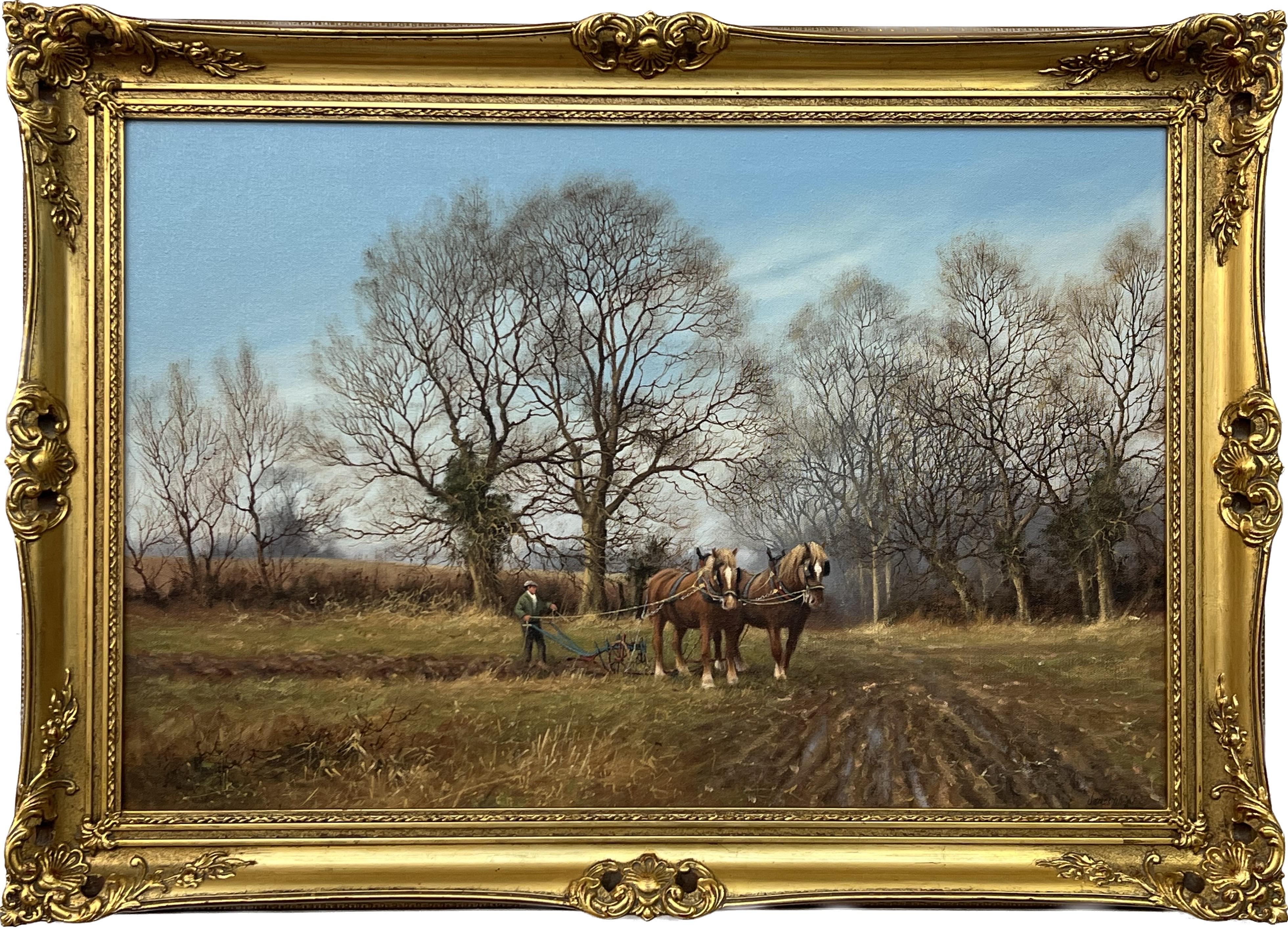 English Countryside & Trees with Horses Pulling Plough by Vintage British Artist