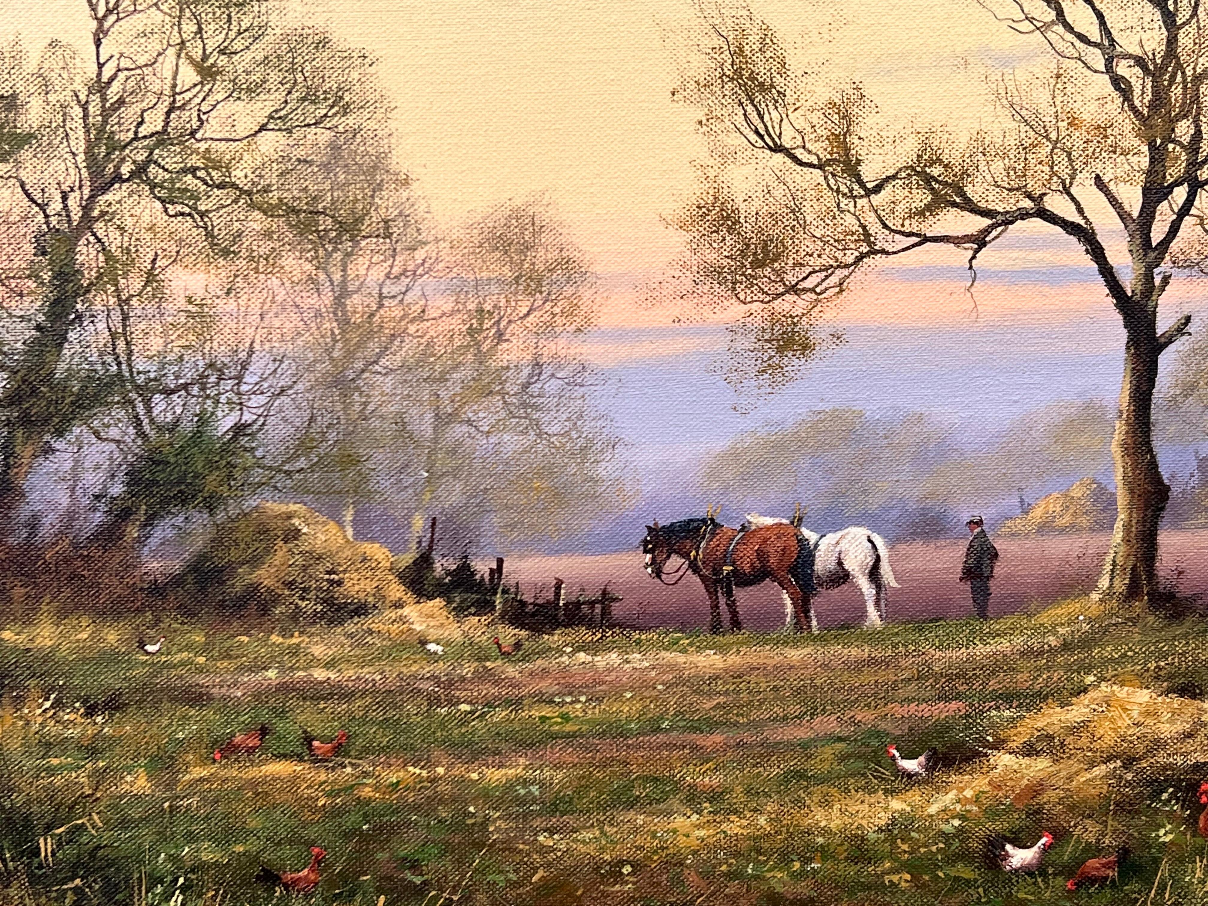 Englische Landschaft mit Pferden, Bauern und Hähnen des britischen Künstlers aus dem 20. Jahrhundert 6