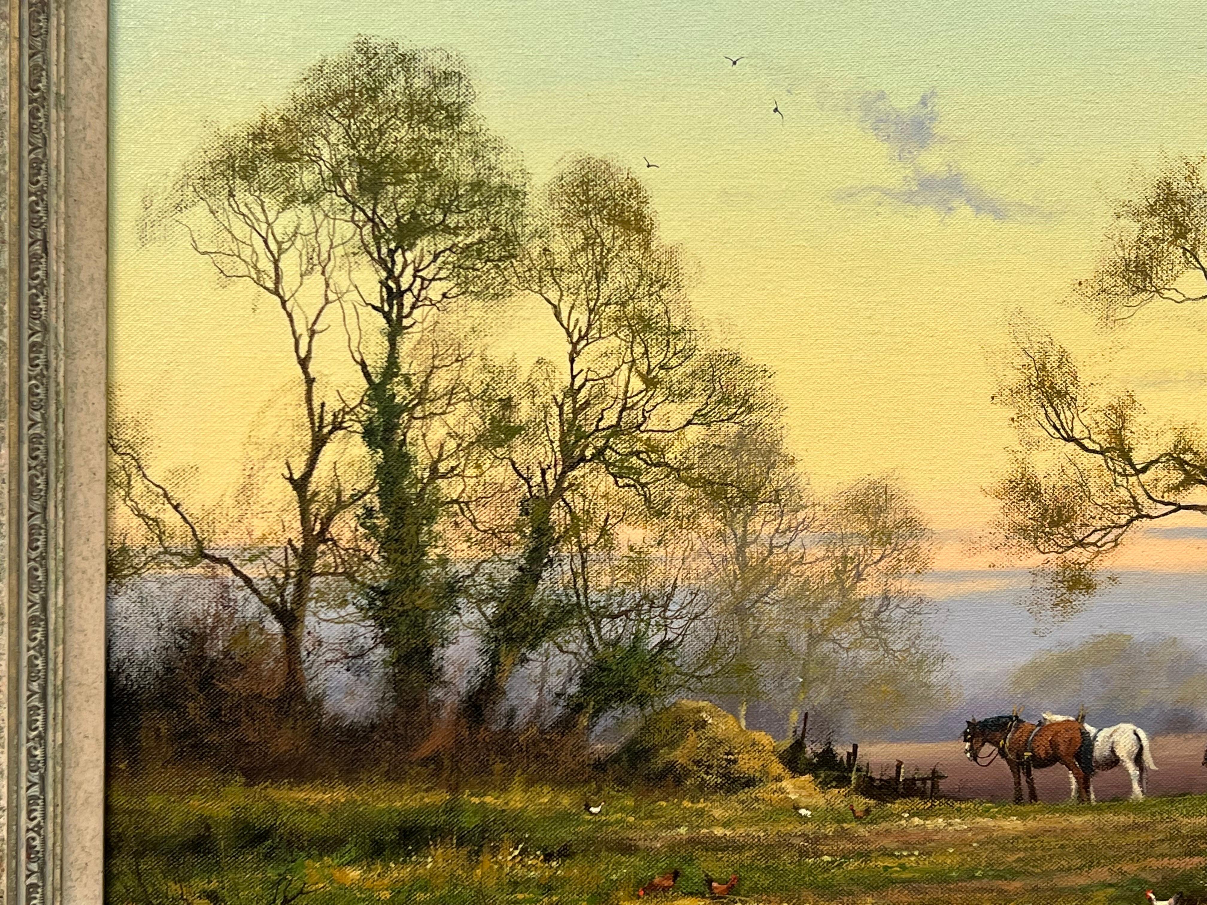 Englische Landschaft mit Pferden, Bauern und Hähnen des britischen Künstlers aus dem 20. Jahrhundert 7