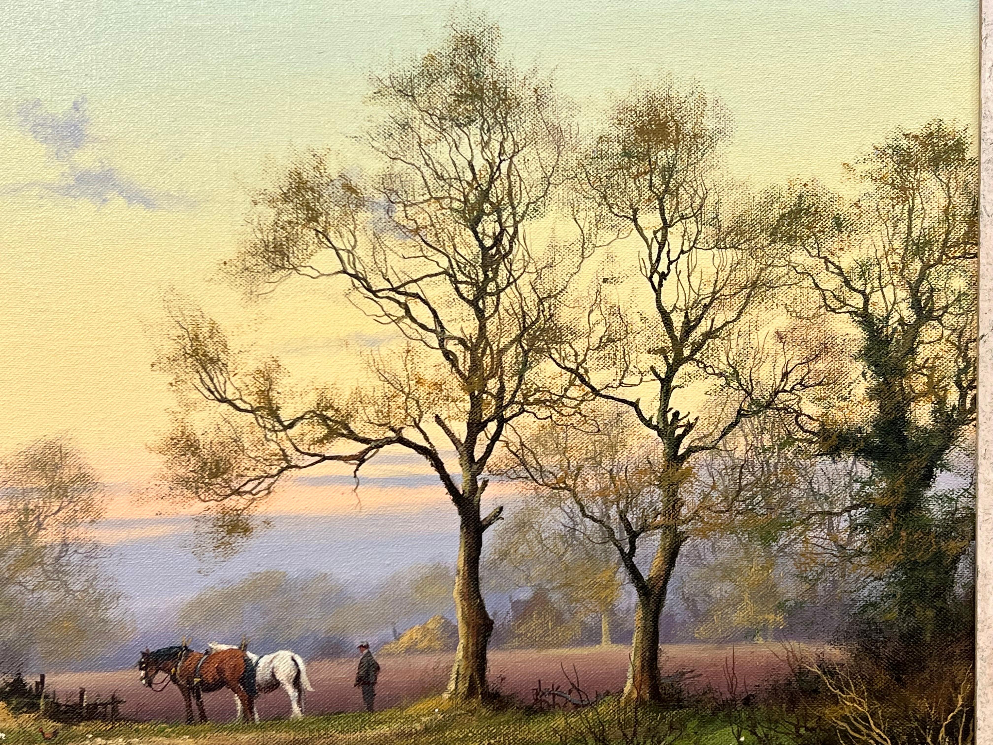 Englische Landschaft mit Pferden, Bauern und Hähnen des britischen Künstlers aus dem 20. Jahrhundert 10
