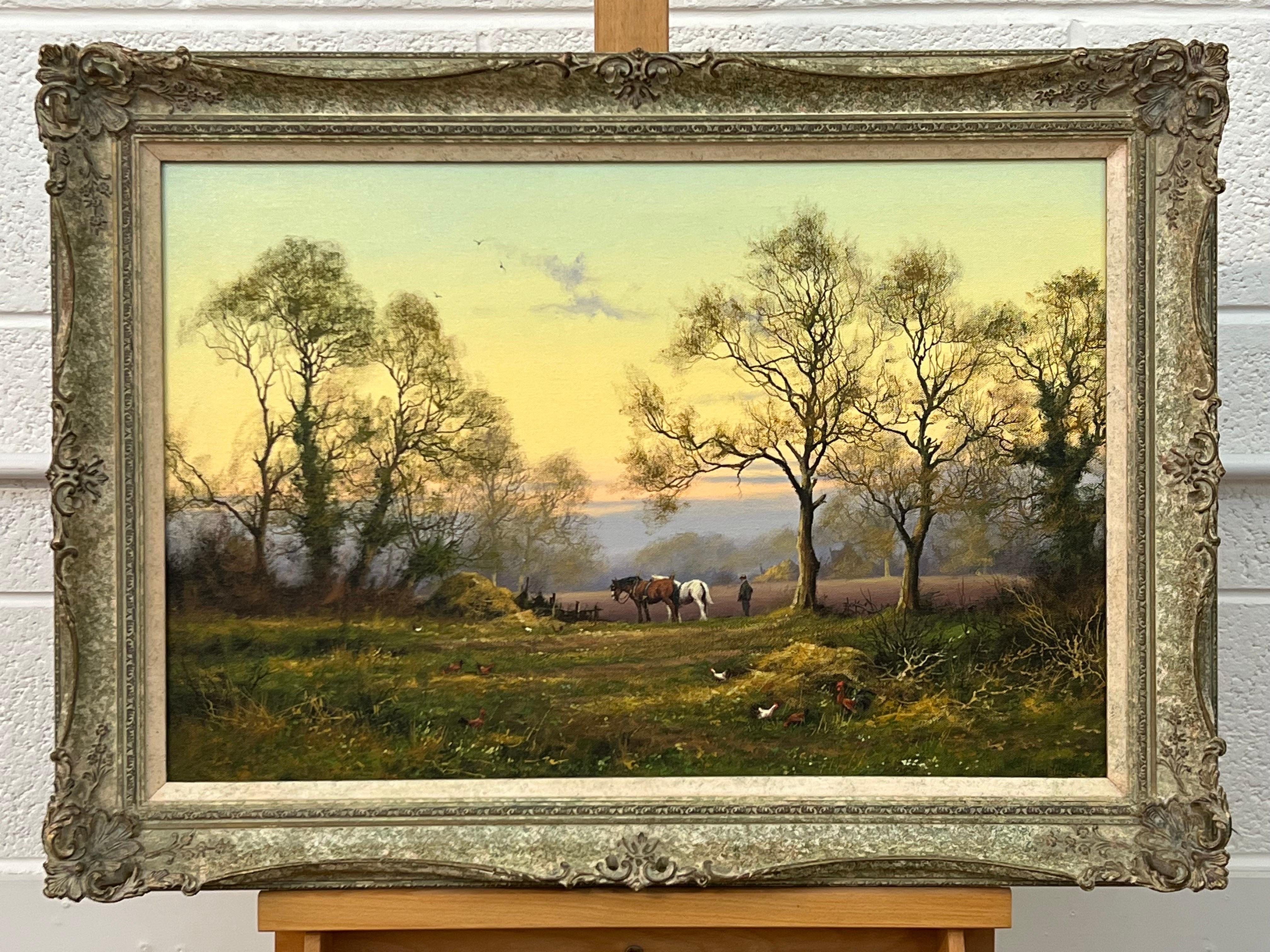 Englische Landschaft mit Pferden, Bauern und Hähnen des britischen Künstlers aus dem 20. Jahrhundert 11