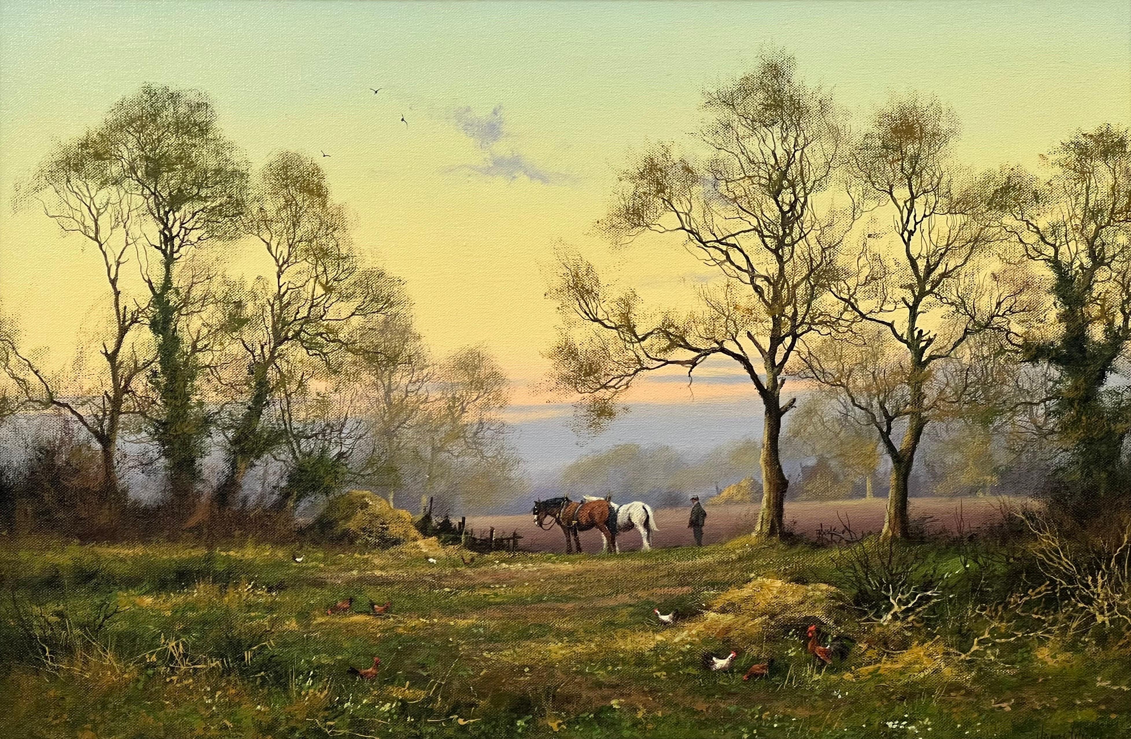 Englische Landschaft mit Pferden, Bauern und Hähnen des britischen Künstlers aus dem 20. Jahrhundert 12
