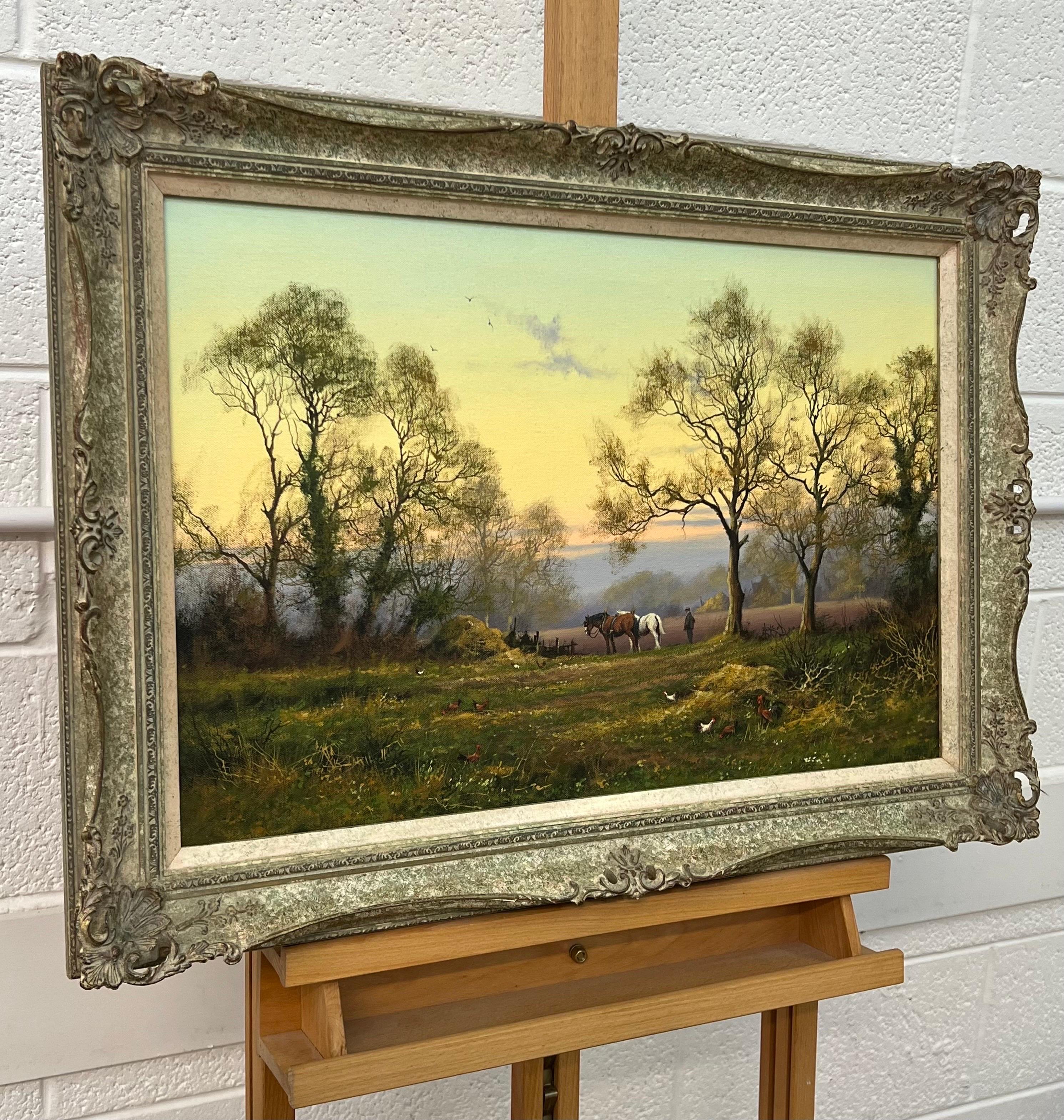 Englische Landschaft mit Pferden, Bauern und Hähnen des britischen Künstlers aus dem 20. Jahrhundert – Painting von James Wright