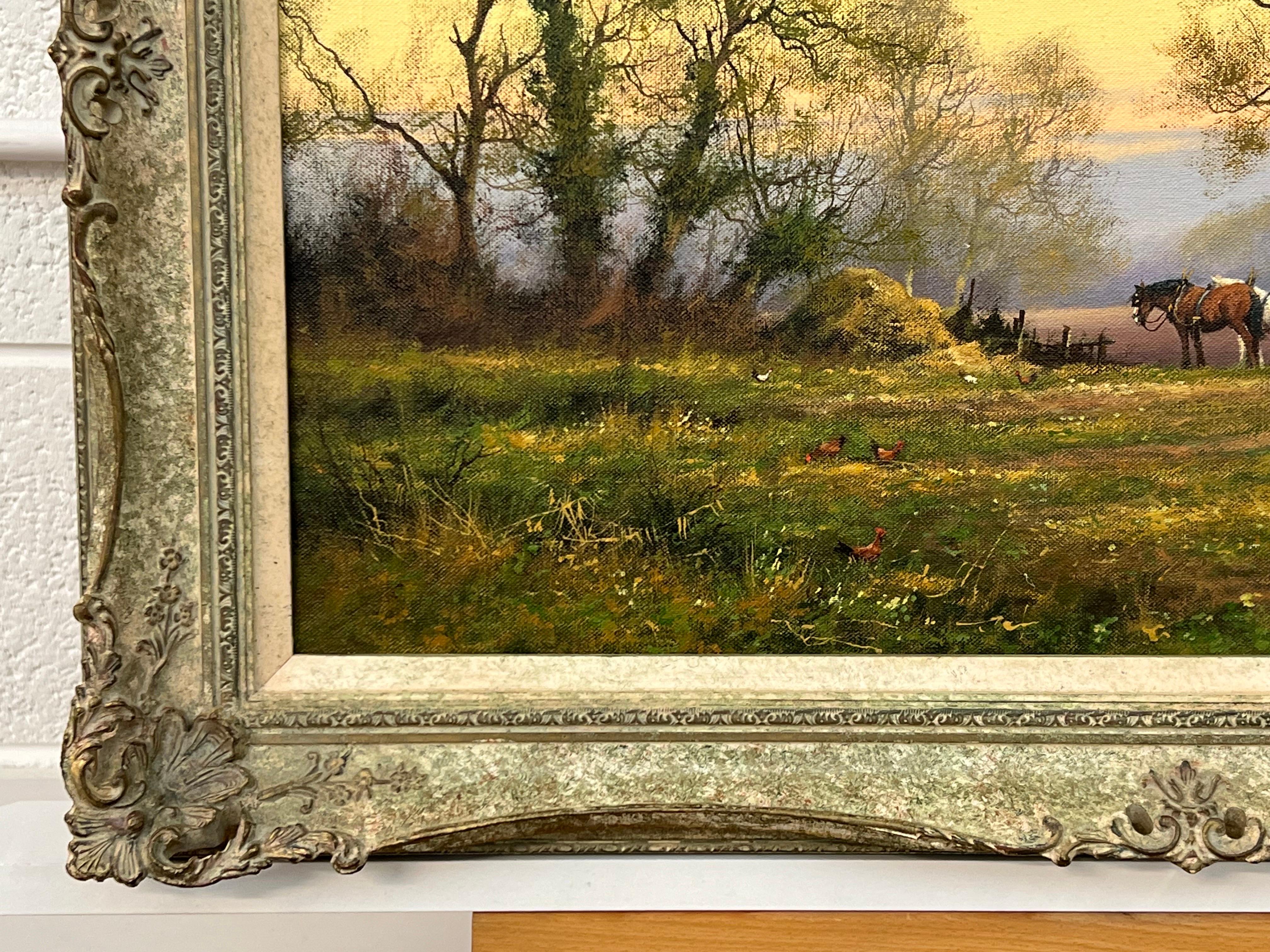 Englische Landschaft mit Pferden, Bauern und Hähnen des britischen Künstlers aus dem 20. Jahrhundert 4