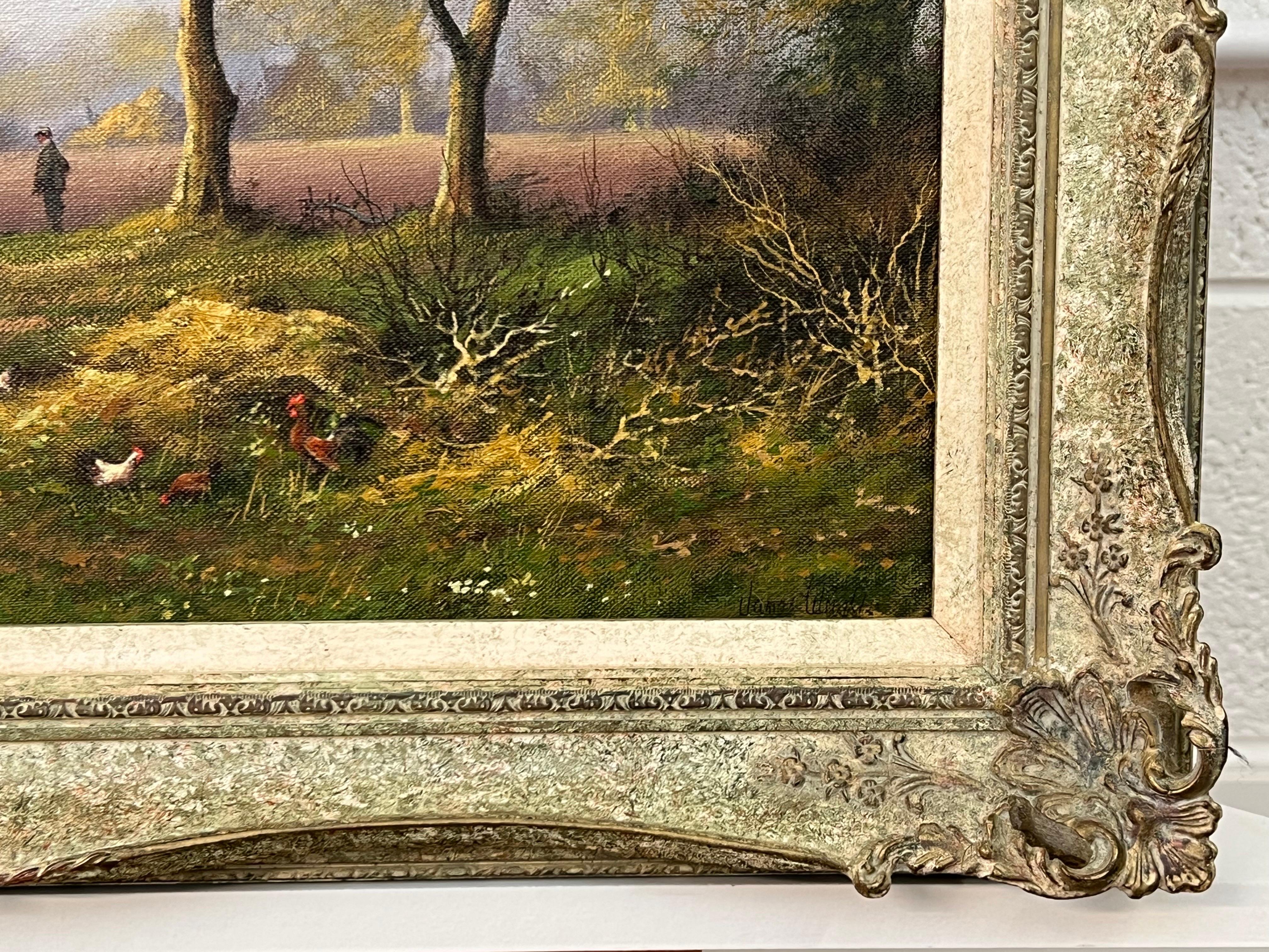 Englische Landschaft mit Pferden, Bauern und Hähnen des britischen Künstlers aus dem 20. Jahrhundert 5