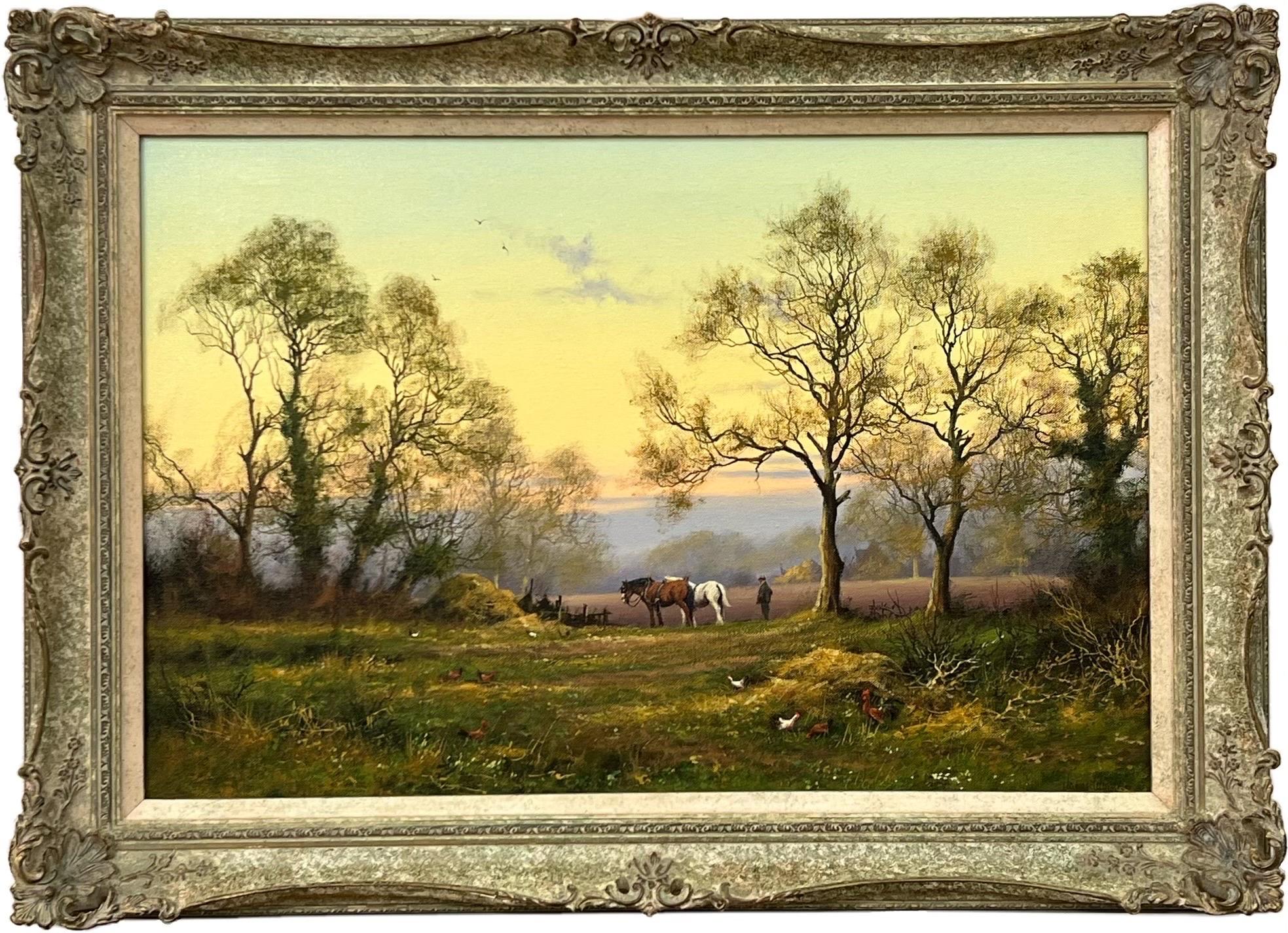 James Wright Landscape Painting – Englische Landschaft mit Pferden, Bauern und Hähnen des britischen Künstlers aus dem 20. Jahrhundert