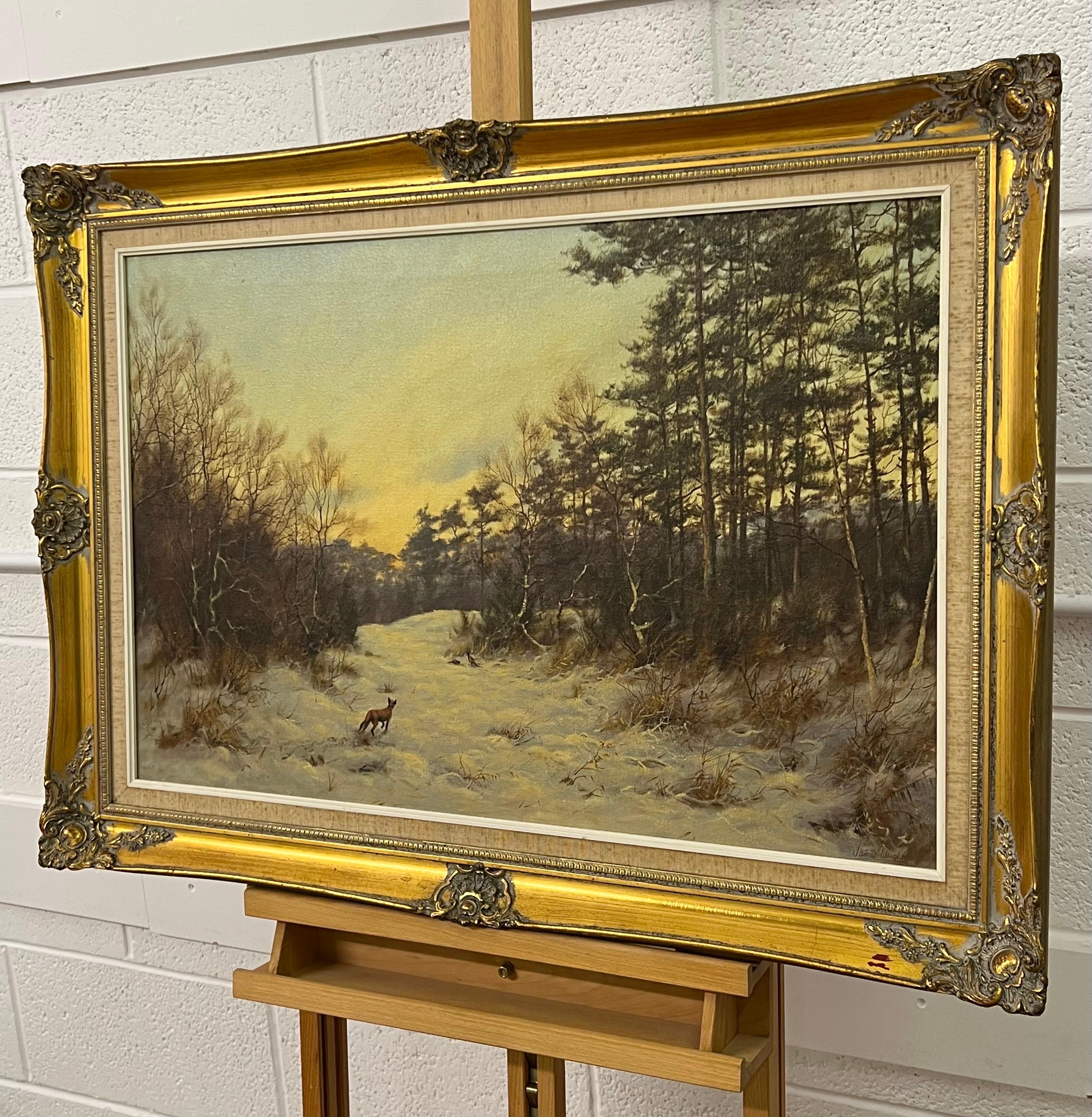 English Winter Countryside with Fox & Pheasants by 20th Century British Artist - Realist Painting by James Wright