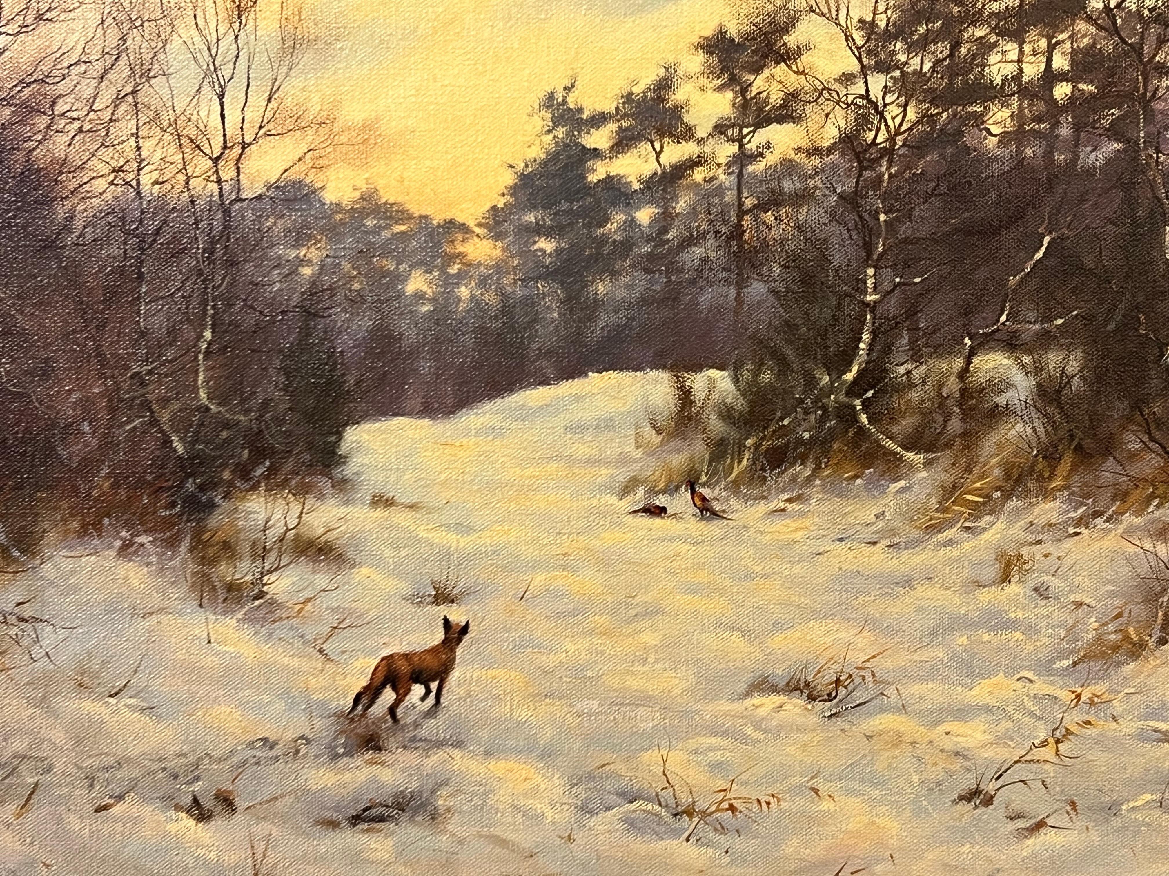 Traditional Landscape Oil Painting of the English Countryside with Fox & Pheasants with Winter Trees by Modern 20th Century British Artist, James Wright 

Art measures 30 x 20 inches
Frame measures 36 x 26 inches 

James Wright was born in