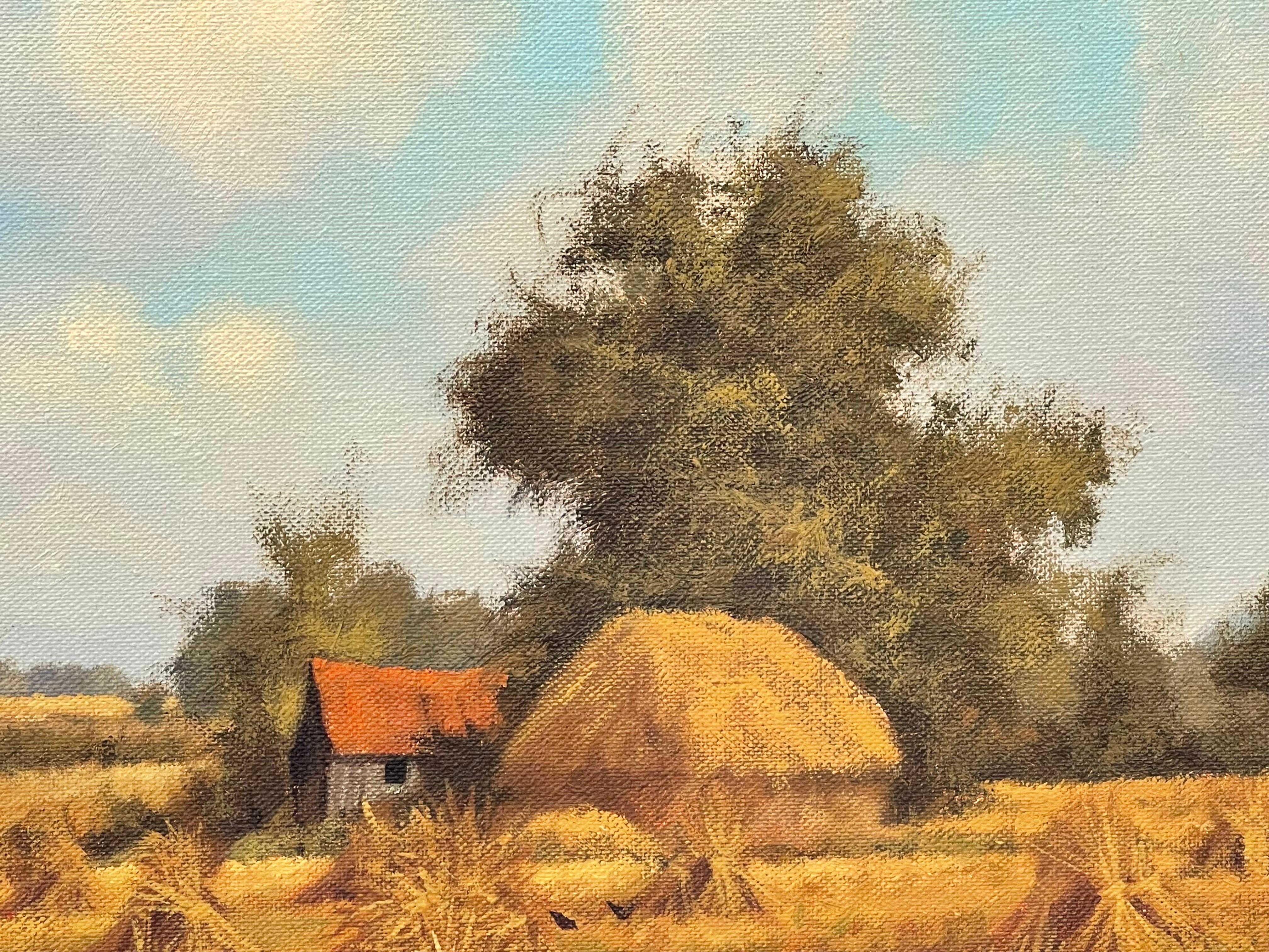 Scena di fattoria con pagliai nella campagna inglese, opera di un paesaggista realista in vendita 9