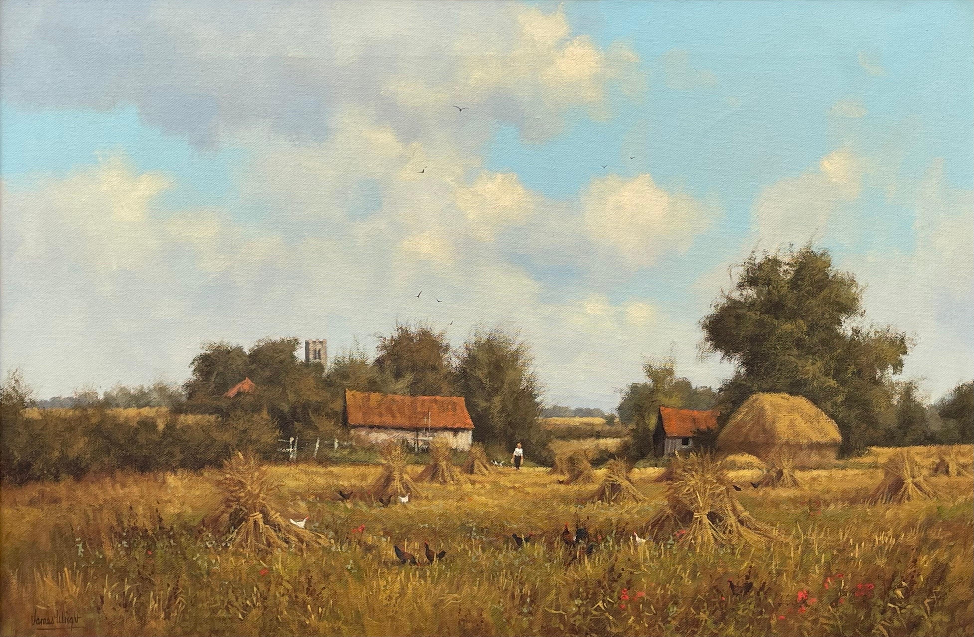 Bauernhofsszene mit Haystacks in der englischen Landschaft von realistischem Landschaftsmaler – Painting von James Wright