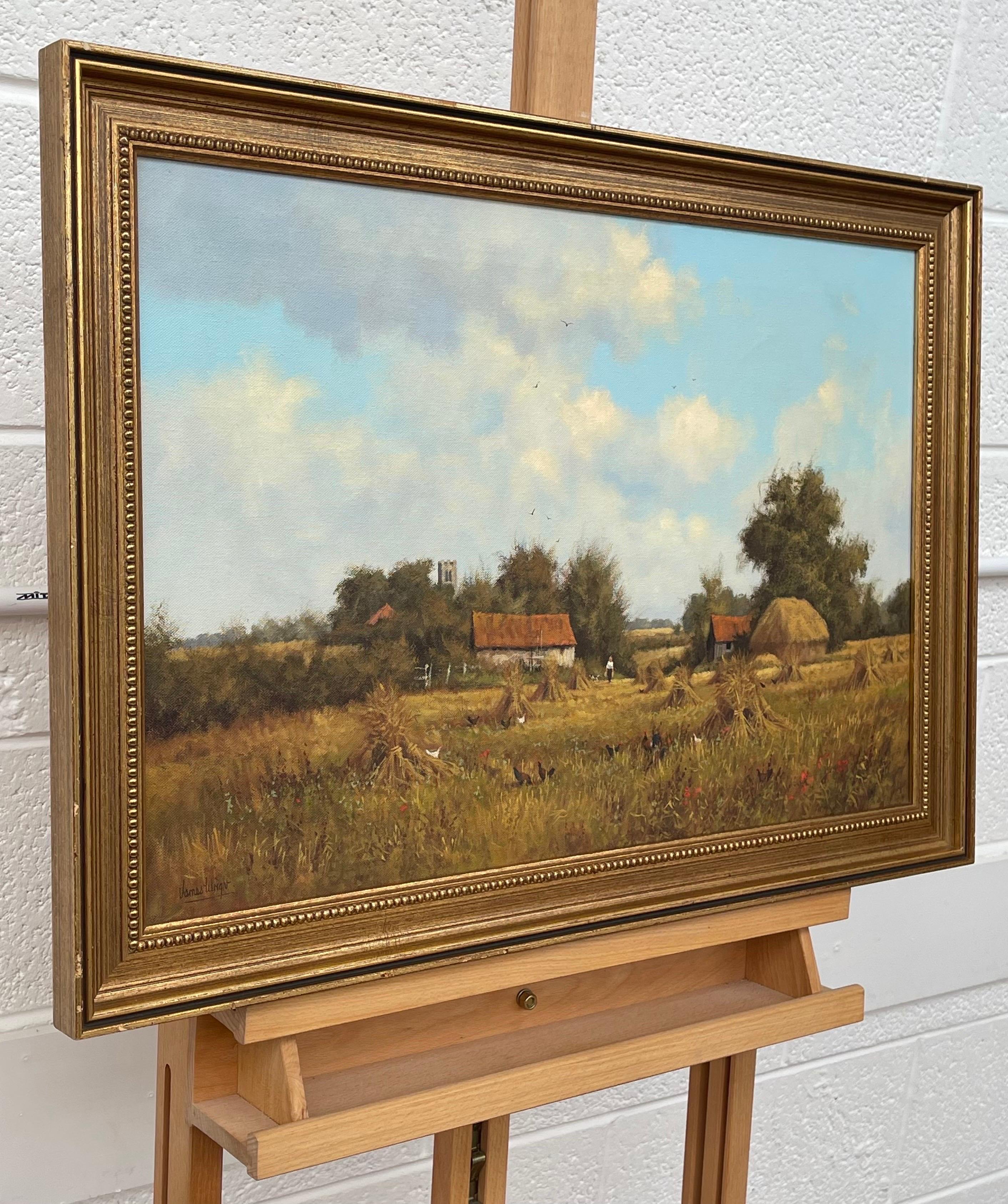 Bauernhofsszene mit Haystacks in der englischen Landschaft von realistischem Landschaftsmaler (Romantik), Painting, von James Wright