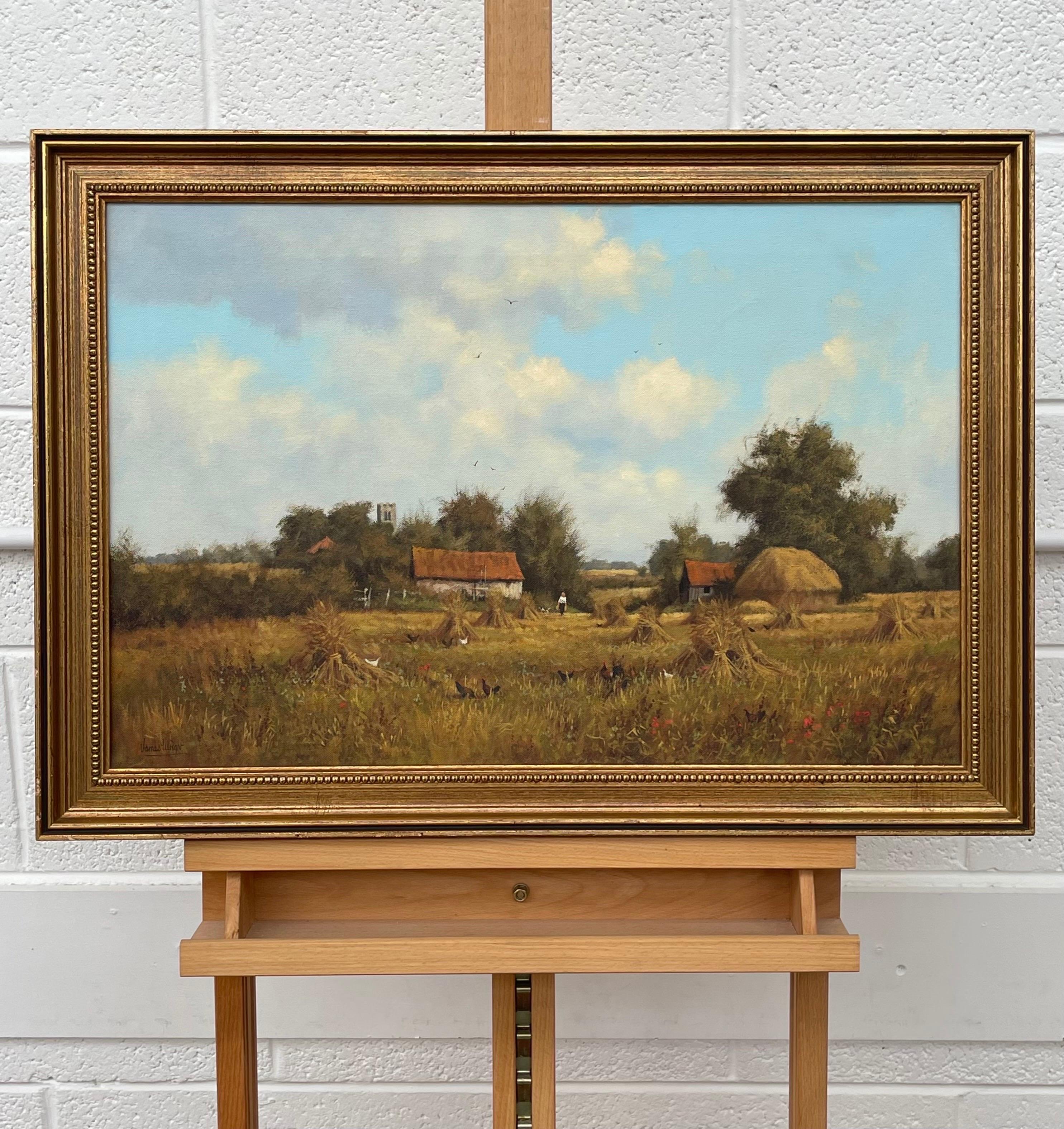 Bauernhofsszene mit Haystacks in der englischen Landschaft von realistischem Landschaftsmaler (Braun), Landscape Painting, von James Wright