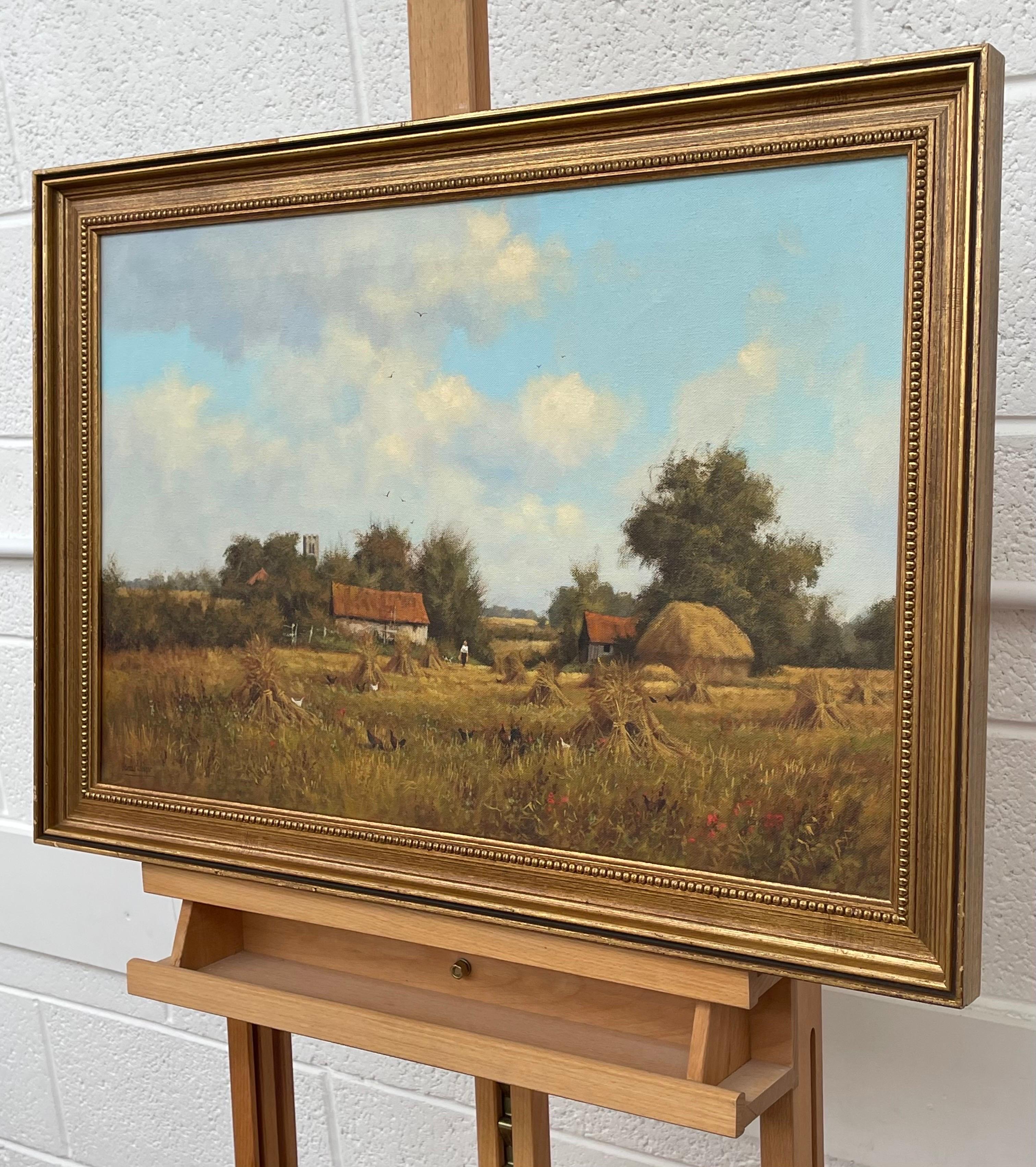 Bauernhofszene mit Heuschobern in der englischen Landschaft des britischen Landschaftsmalers James Wright. 
Signiert, Original, Öl auf Leinwand, in einem vergoldeten Rahmen

Kunst misst 24 x 15,5 Zoll
Rahmen misst 29 x 20 Zoll (ca.) 

James Wright