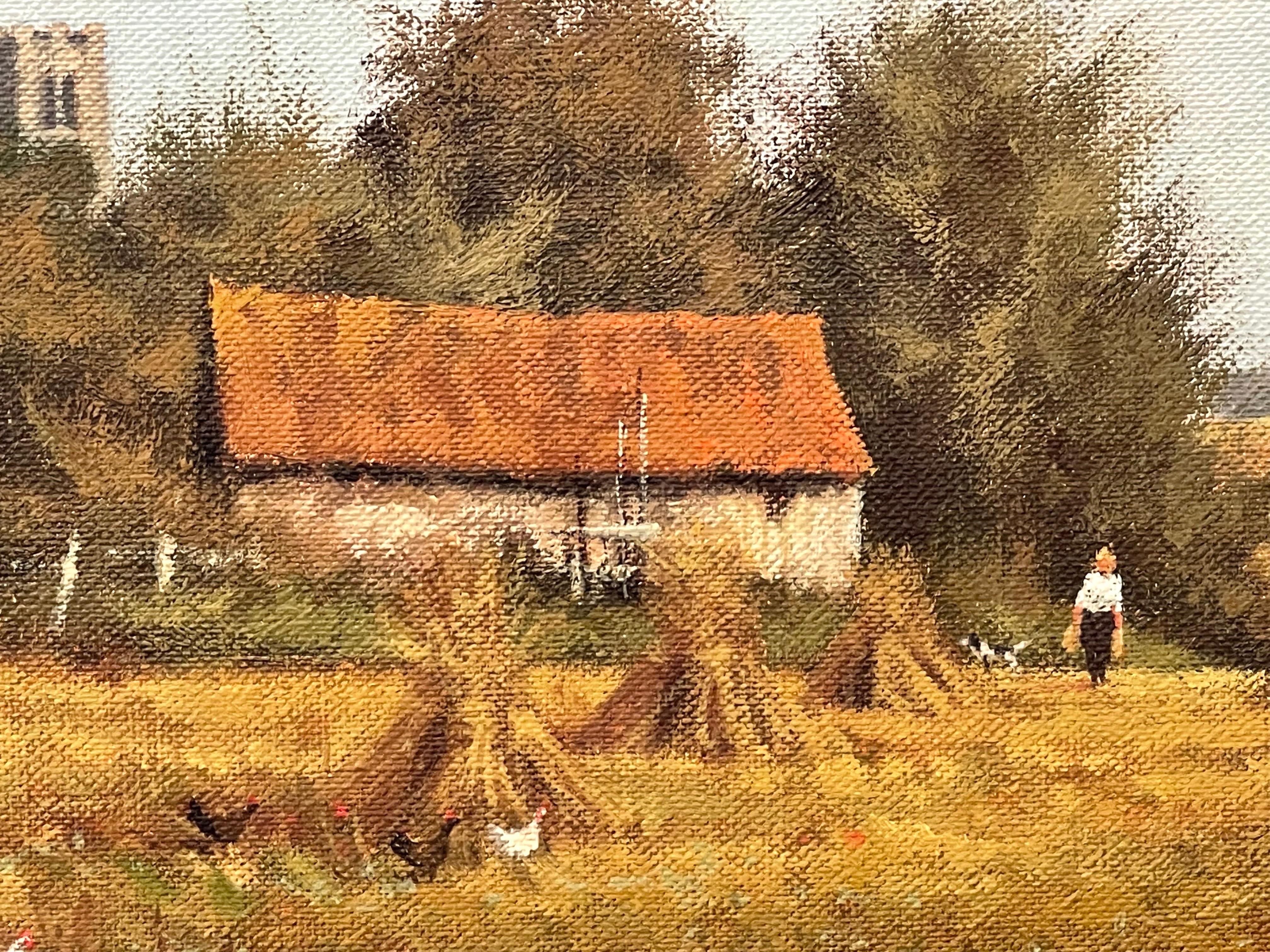 Bauernhofsszene mit Haystacks in der englischen Landschaft von realistischem Landschaftsmaler im Angebot 4