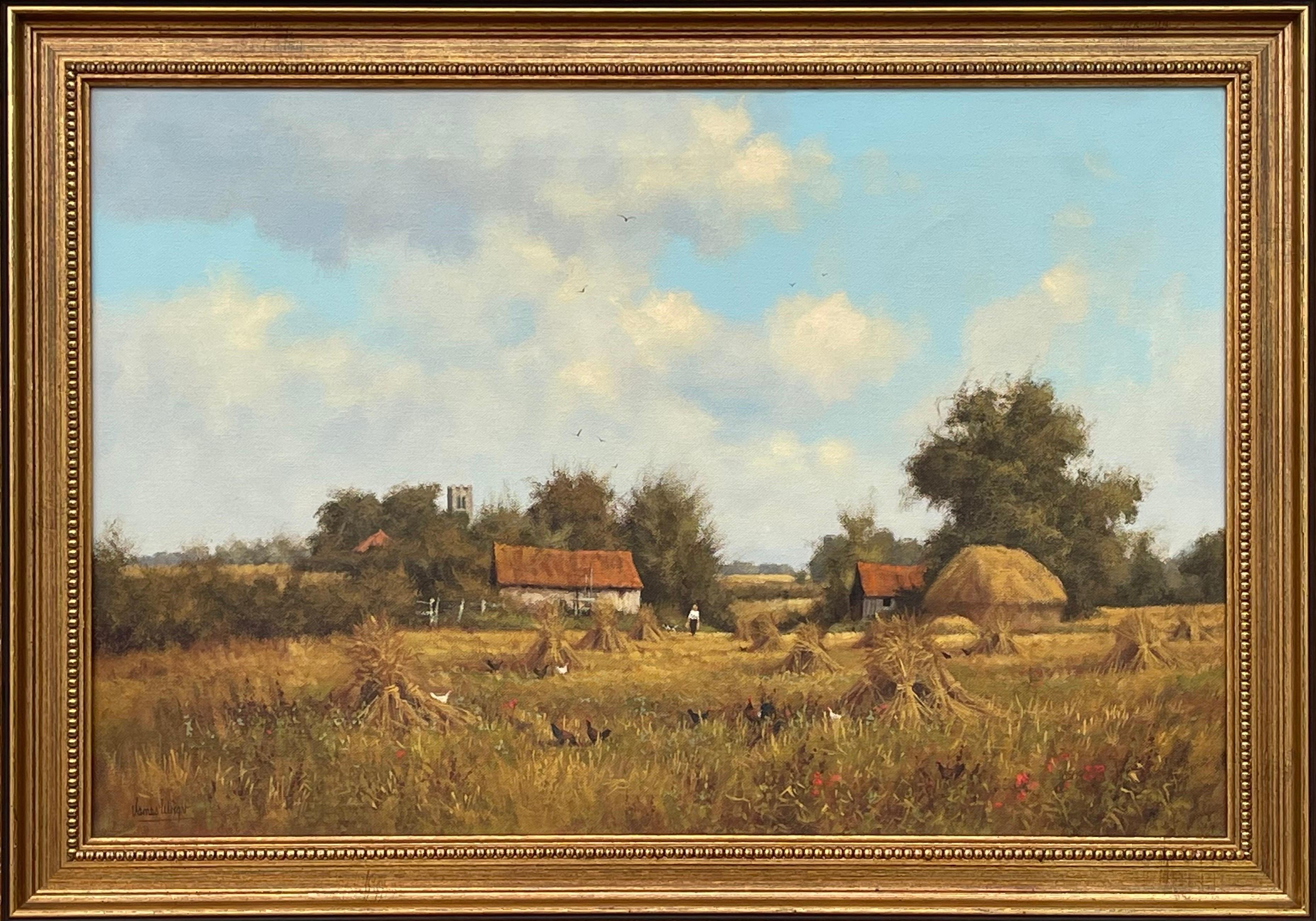 James Wright Landscape Painting - Farm Scene with Haystacks in the English Countryside by Realist Landscape Artist