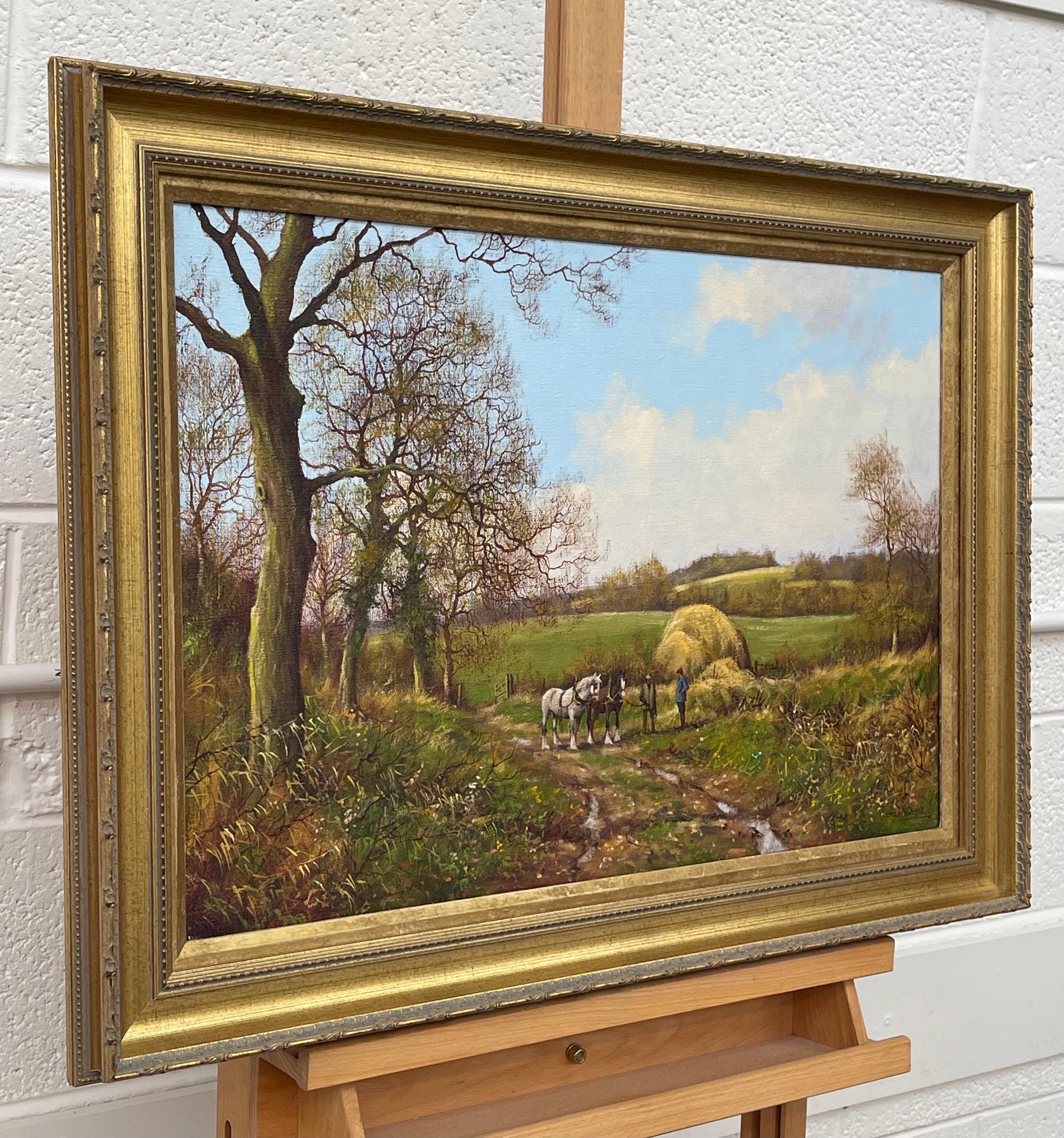 Chevaux et laboureurs dans la campagne anglaise par l'artiste paysagiste réaliste - Painting de James Wright