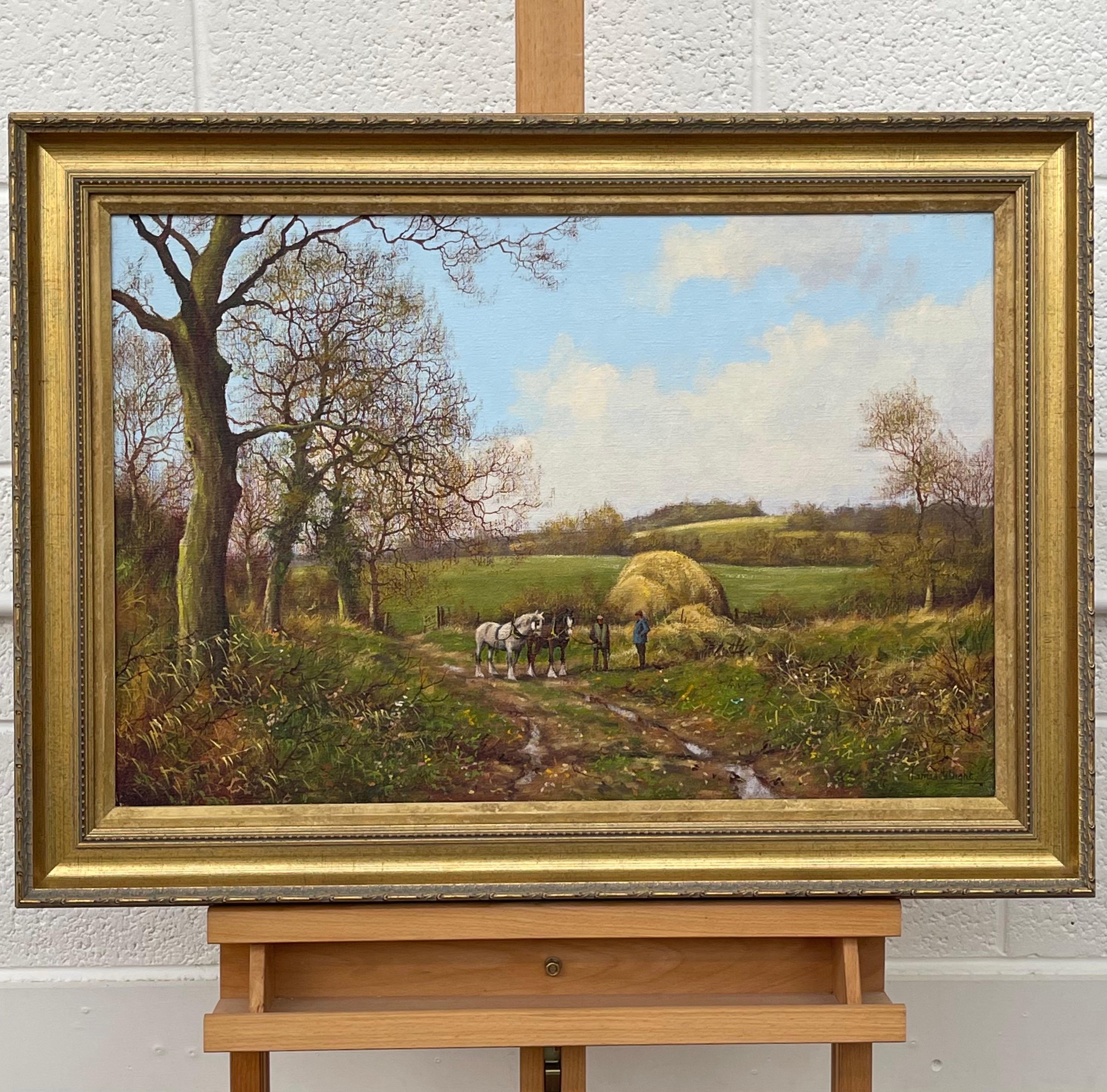 Chevaux et laboureurs dans la campagne anglaise par l'artiste paysagiste réaliste - Romantique Painting par James Wright