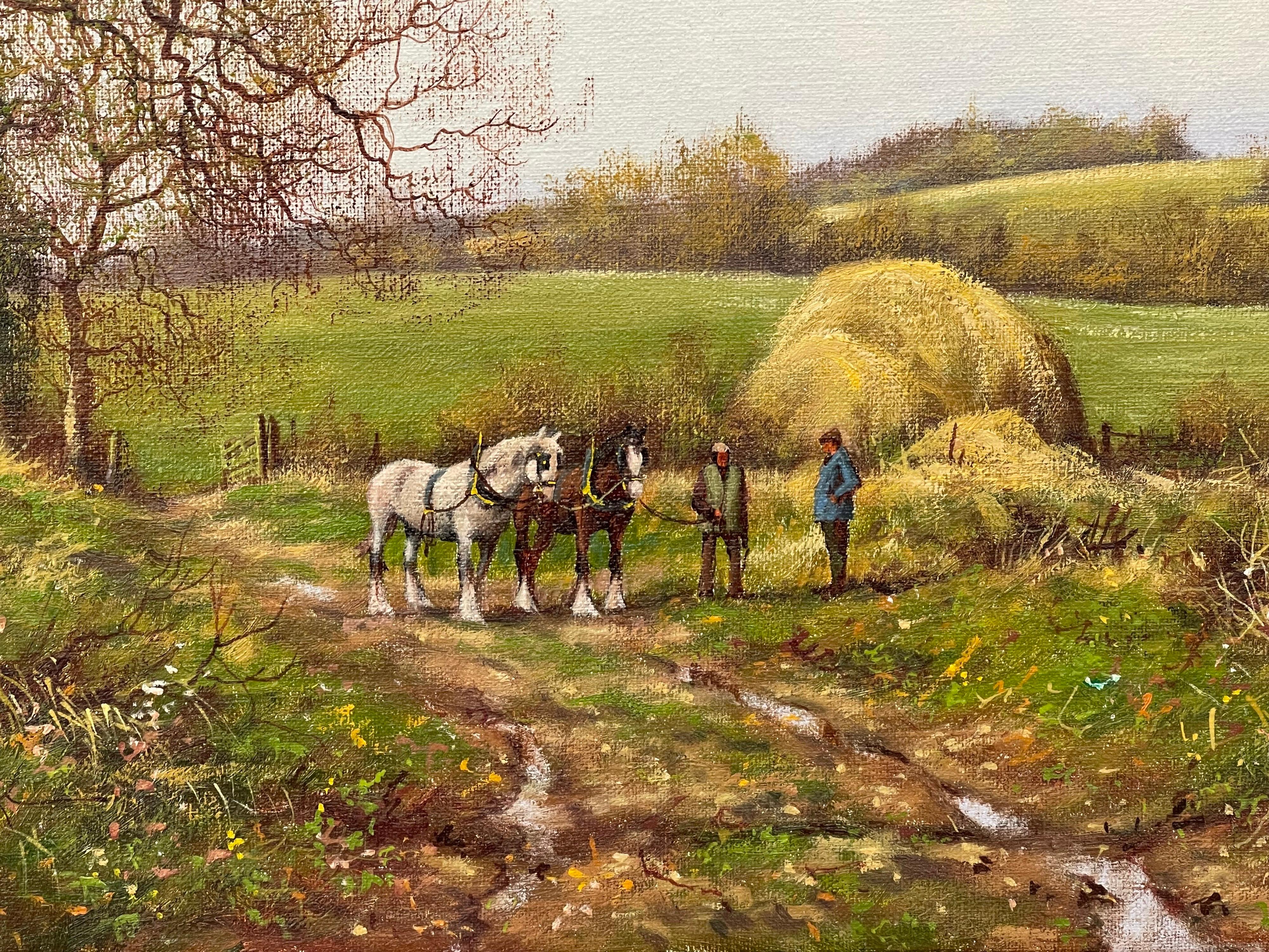Horses with Ploughmen in the English Countryside by Realist Landscape Artist - Brown Figurative Painting by James Wright