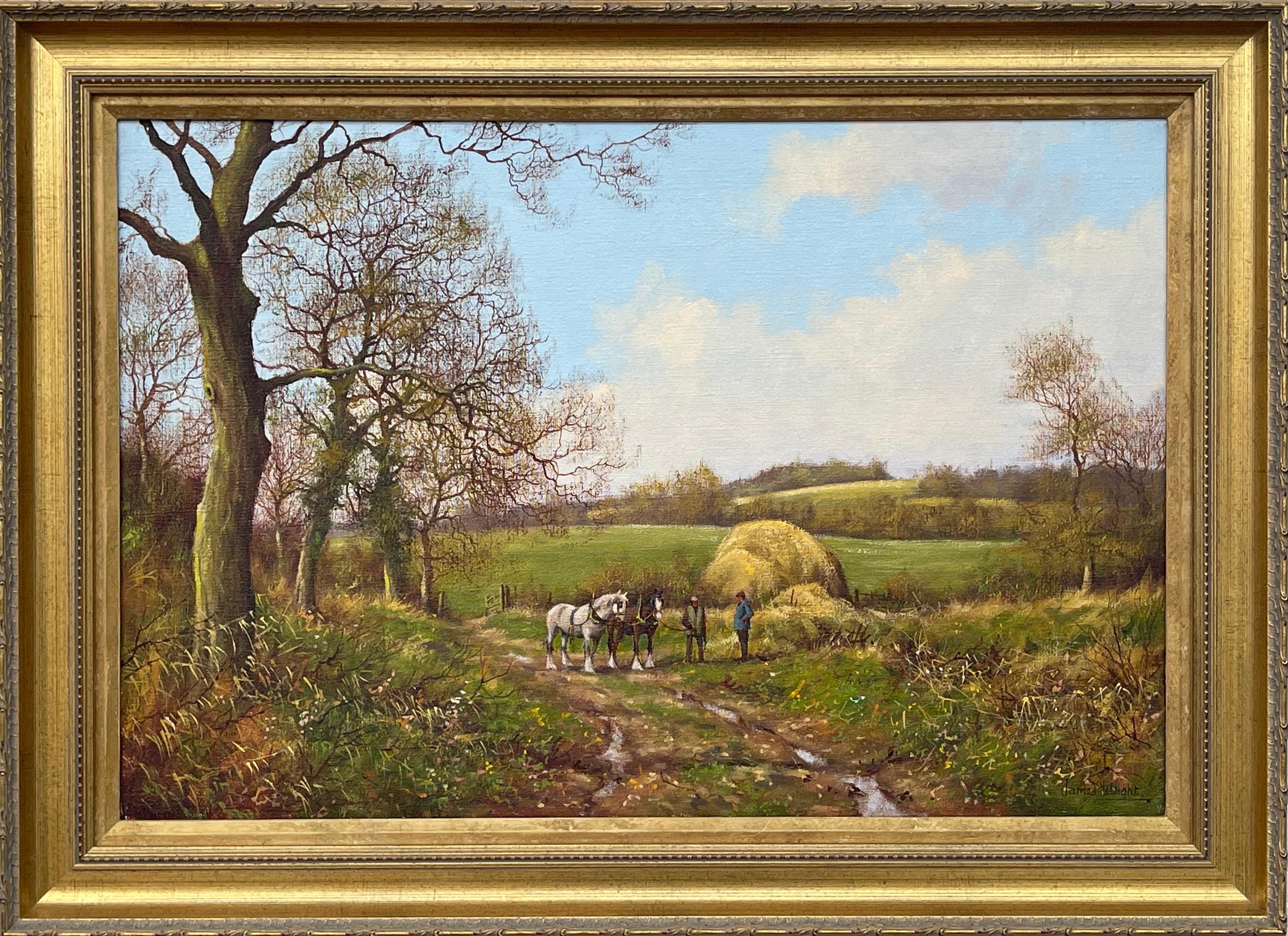 Figurative Painting James Wright - Chevaux et laboureurs dans la campagne anglaise par l'artiste paysagiste réaliste