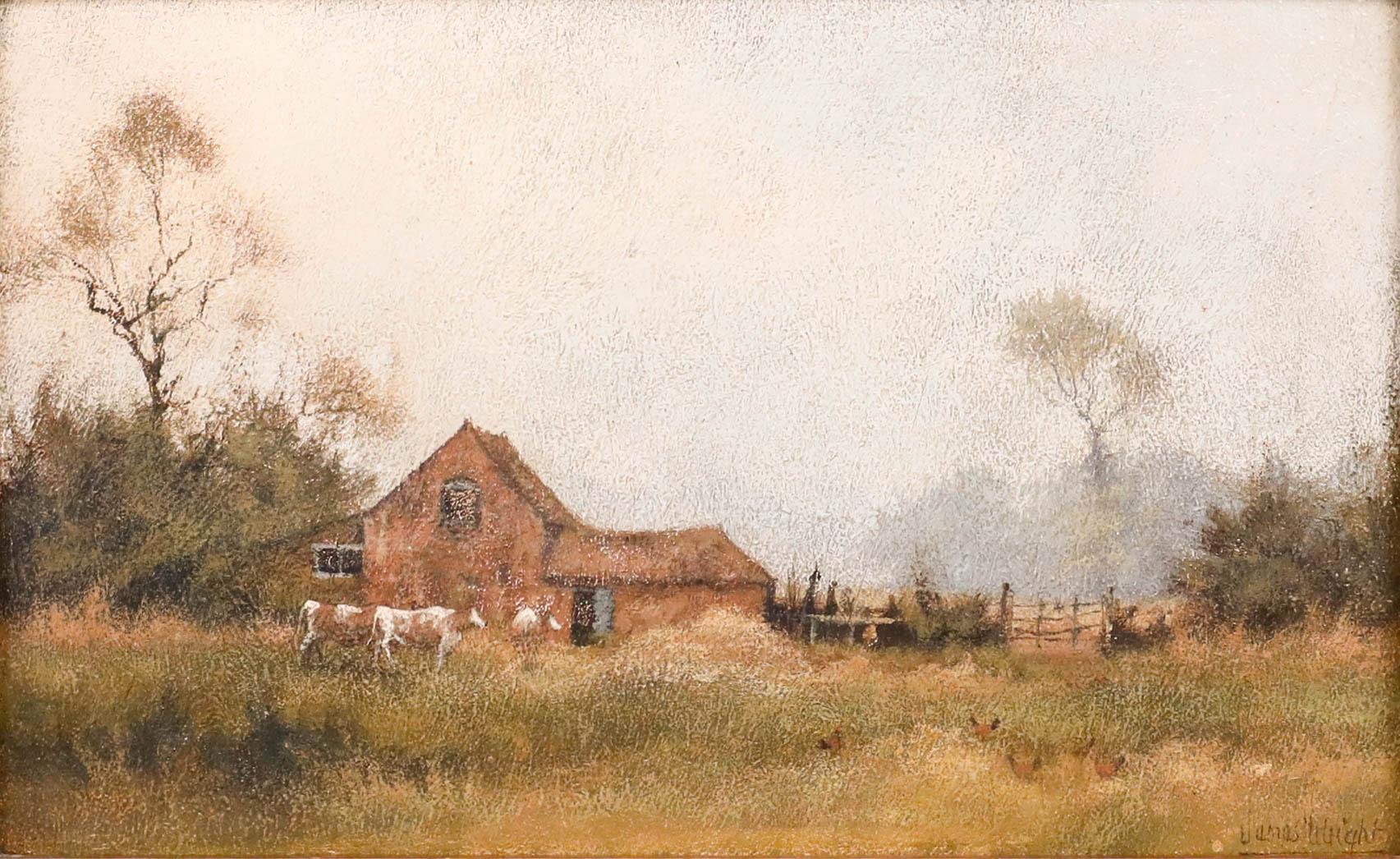 James Wright (b.1935) - Framed 20th Century Oil, Cattle by the Cowshed For Sale 1