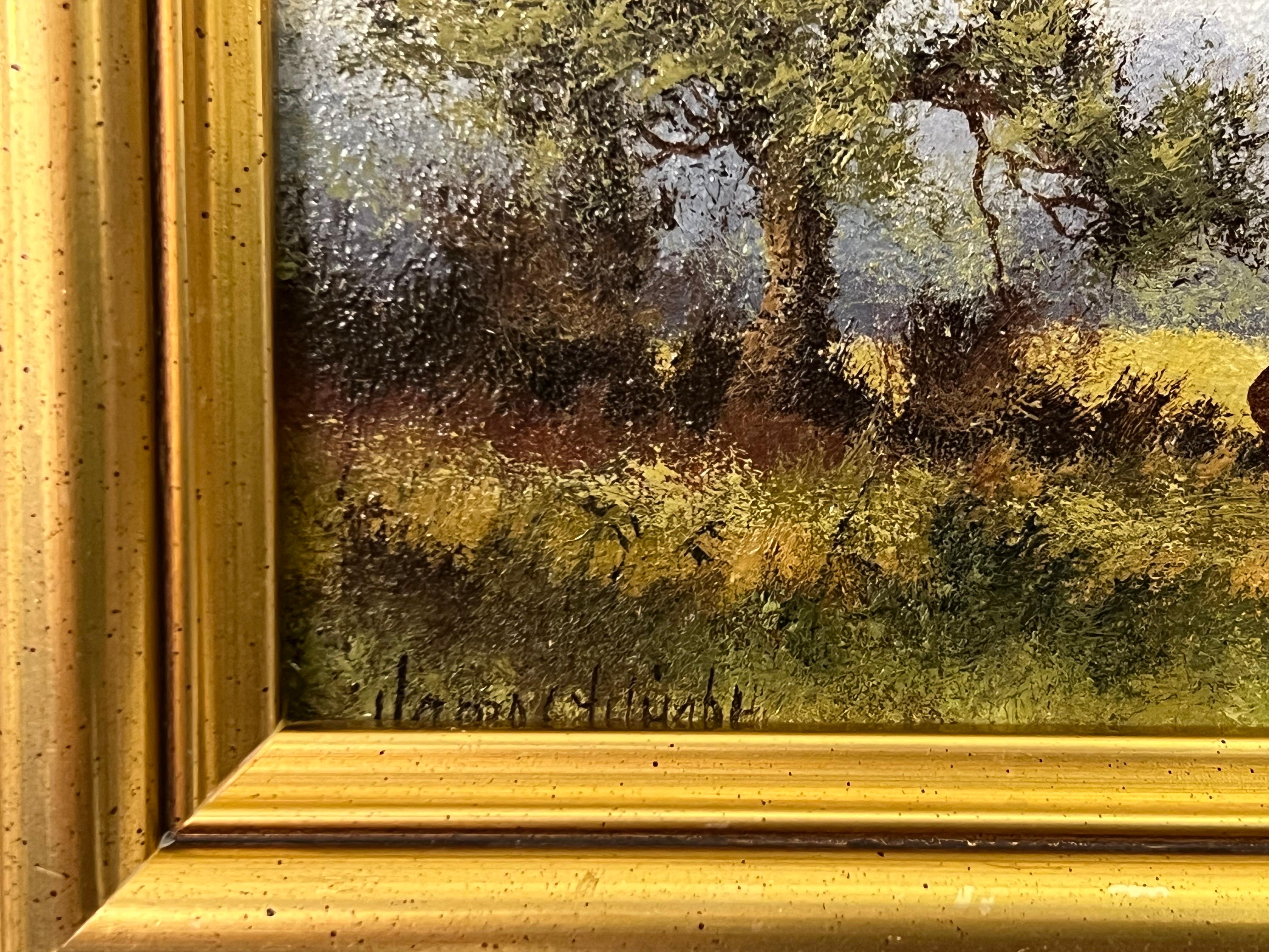 Landschaft mit weidenden Rindern in der englischen Landschaft von James Wright, einem britischen Künstler des 20. 
Signiert, Original, Öl auf Leinwand, in einem schönen verschnörkelten Goldrahmen untergebracht. 

Kunst misst 7 x 5 Zoll (ca.) 
Rahmen