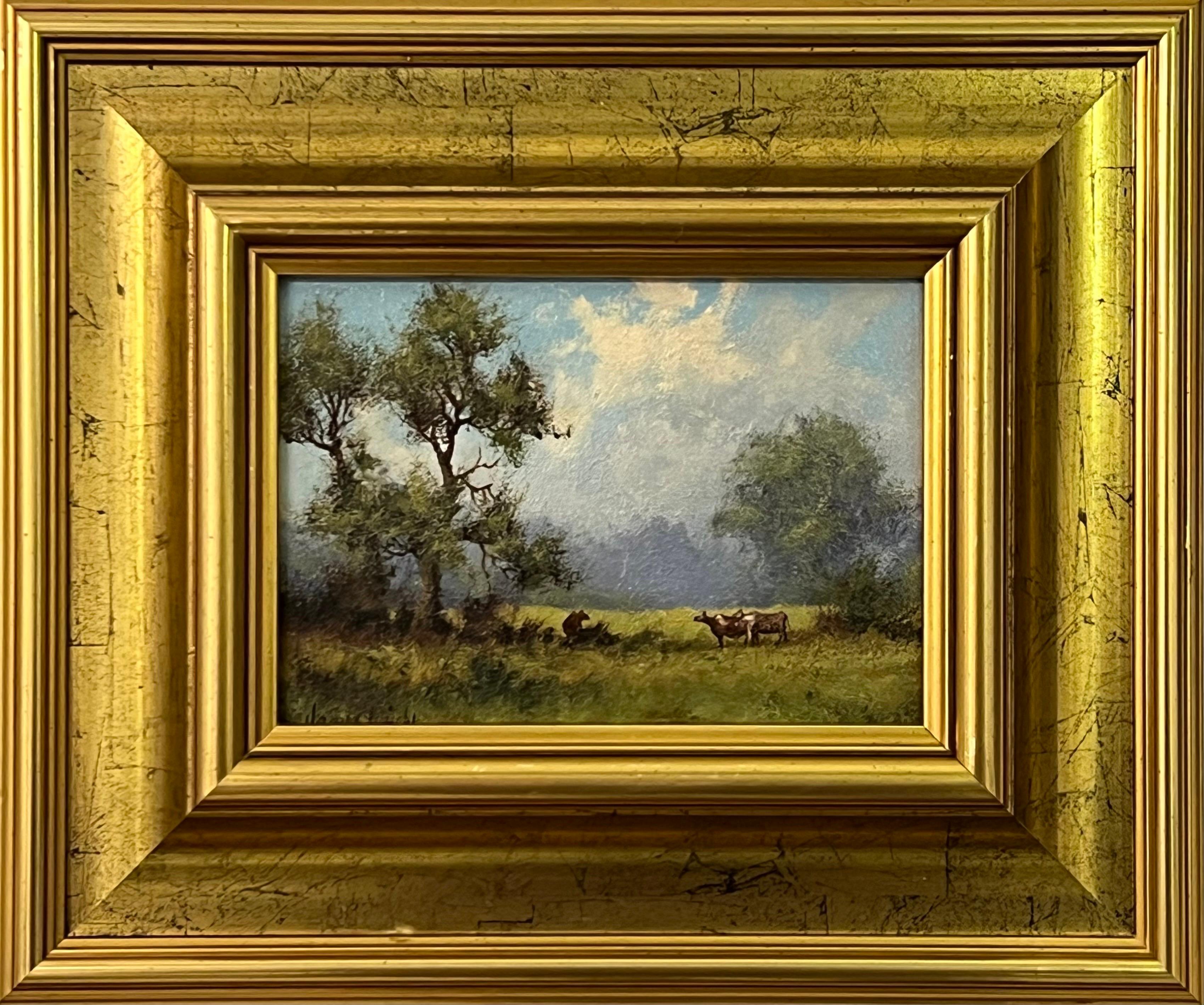 James Wright Animal Painting – Landschaft mit grasenden Rindern in der englischen Landschaft des 20. Jahrhunderts des Künstlers