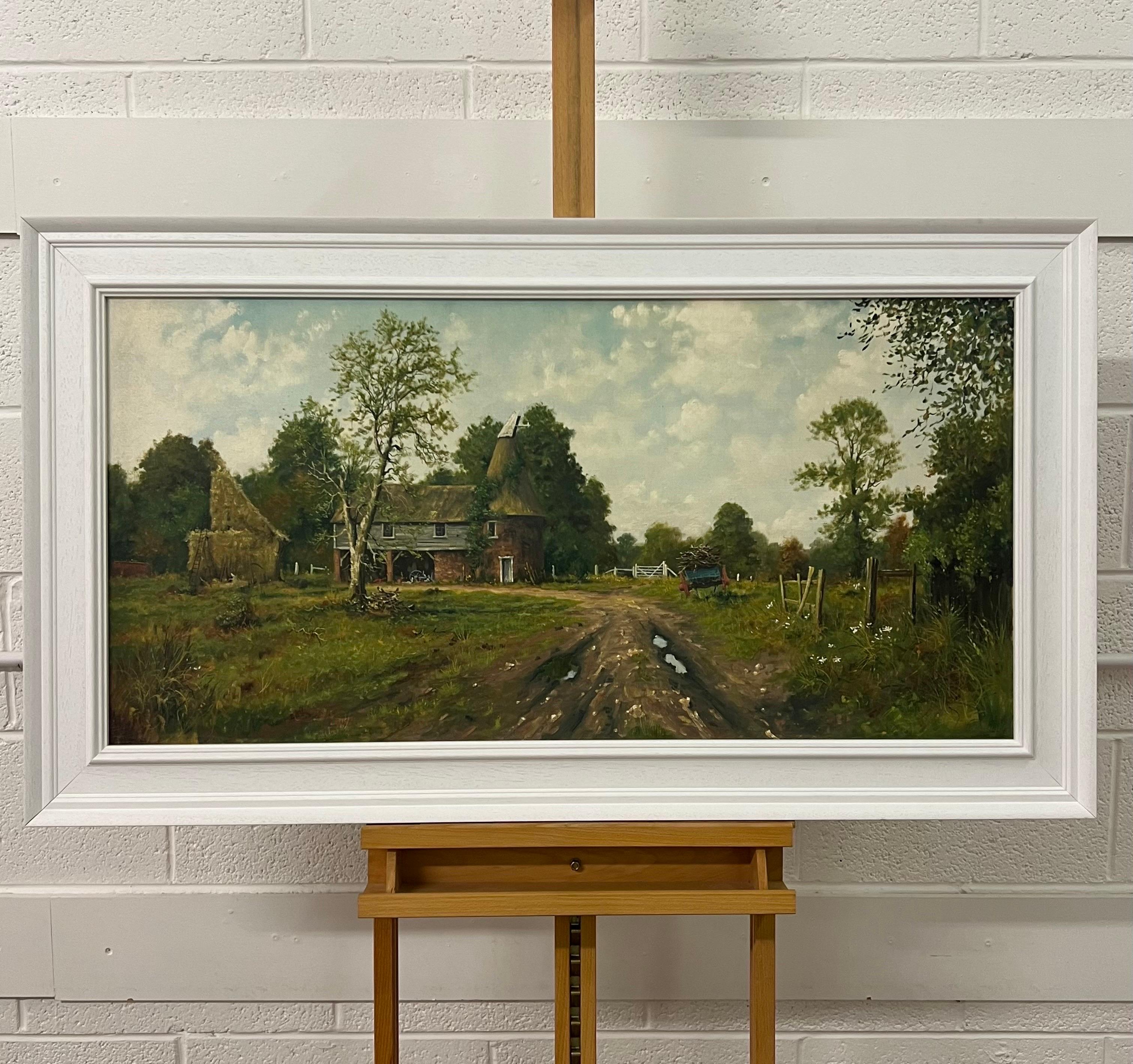 Large Painting of a Farm Scene with an Oast House in the English Countryside by British Landscape Artist, James Wright.

Signed, vintage original, oil on canvas, reframed in a high quality contemporary white wooden moulding. 

Art measures 40 x 20