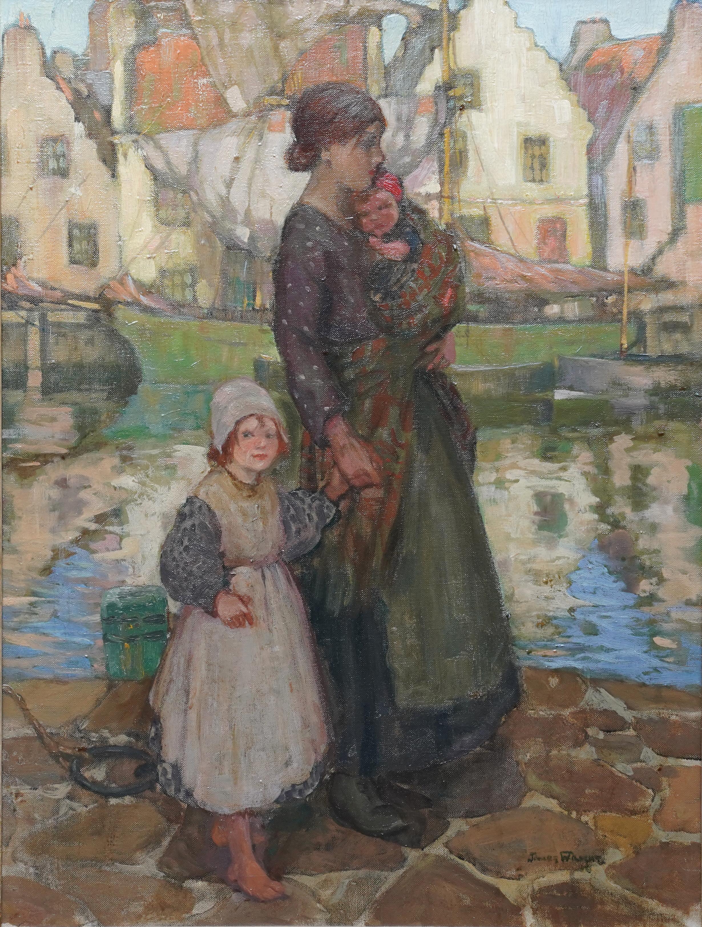 Mother and Child on Quayside - Scottish Impressionist art harbour oil painting - Painting by James Wright