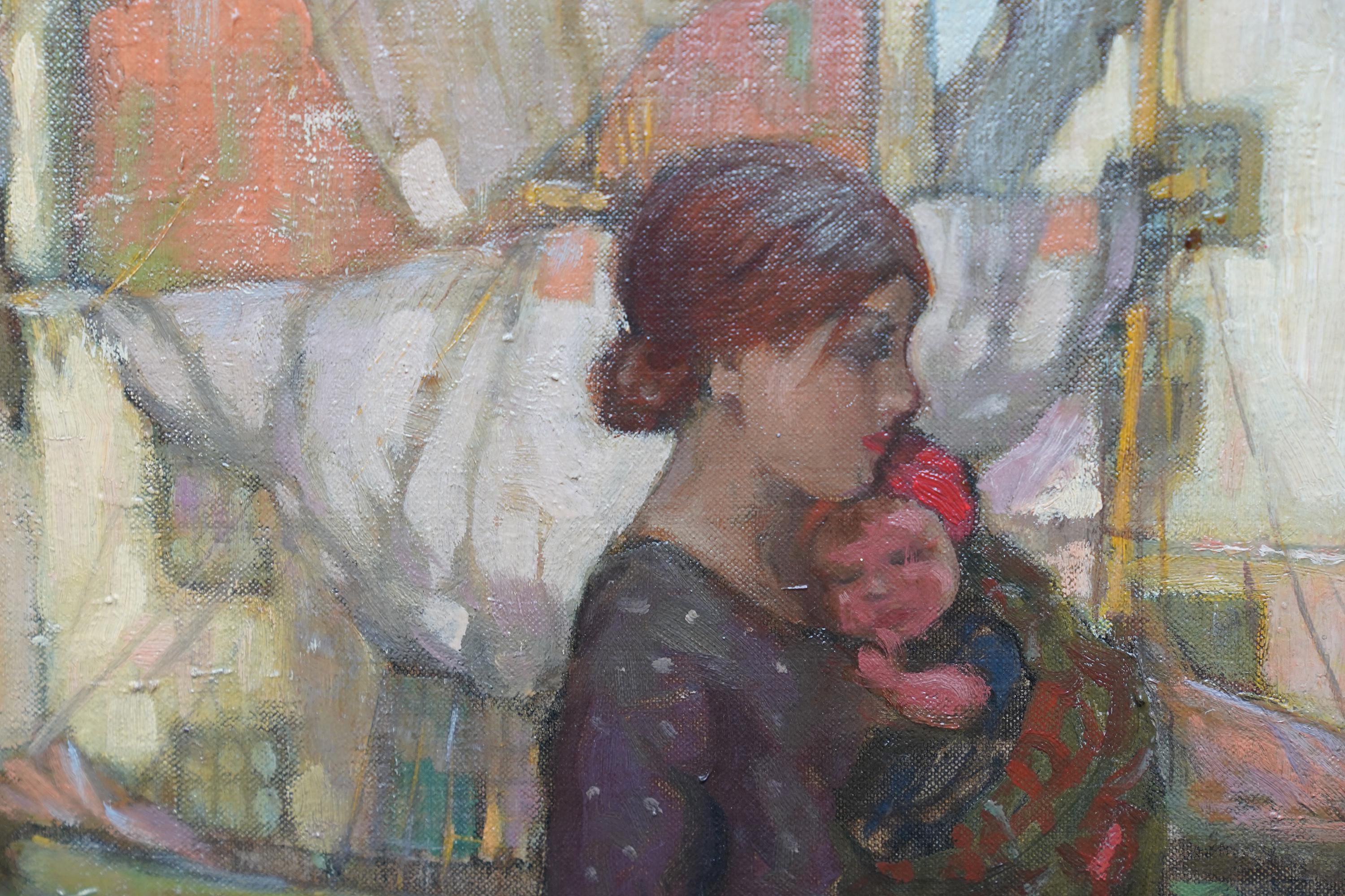 Mother and Child on Quayside - Scottish Impressionist art harbour oil painting For Sale 1