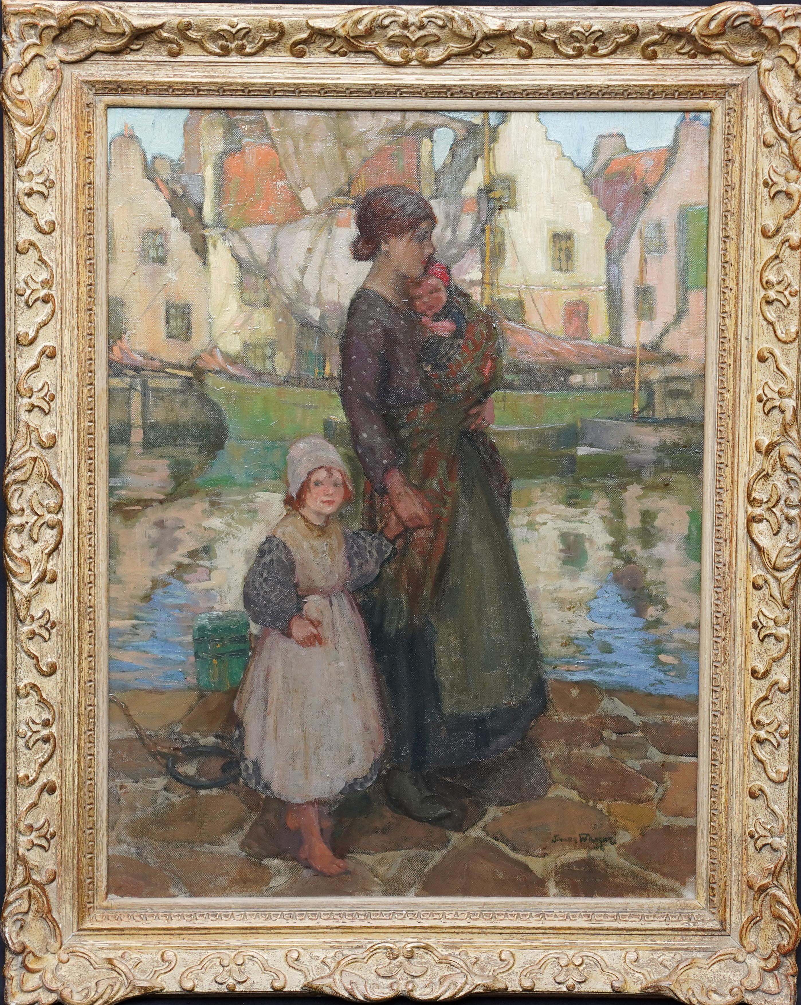 James Wright Landscape Painting - Mother and Child on Quayside - Scottish Impressionist art harbour oil painting
