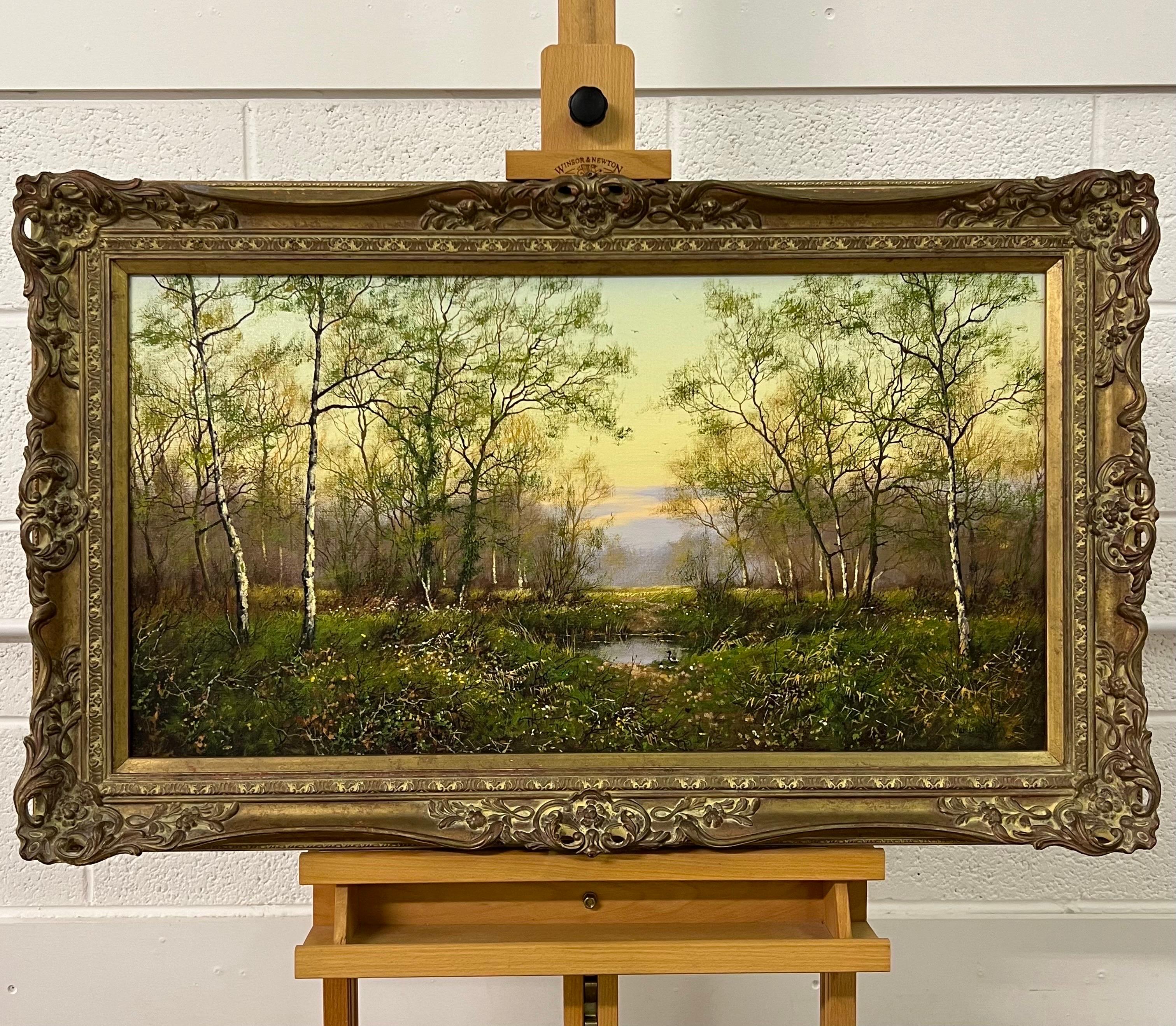 Oil Painting of a Woodland Scene in the English Countryside by 20th Century Modern British Artist, James Wright 

Art measures 30 x 16 inches
Frame measures 36 x 22 inches 

This 1980's vintage painting depicts a clearing in a forest in England in