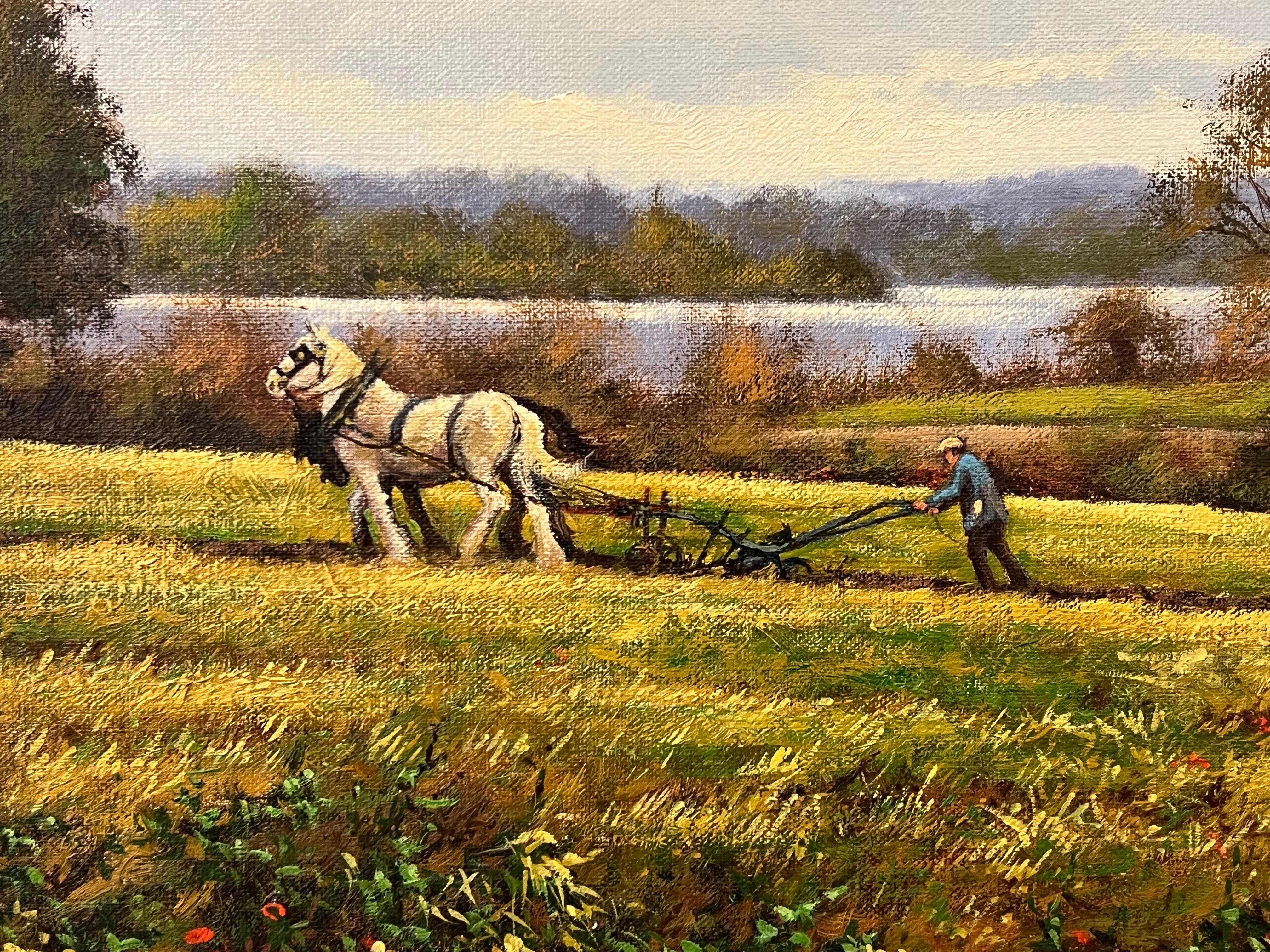 Oil Painting of English Countryside with Horses & Ploughman by British Artist For Sale 8