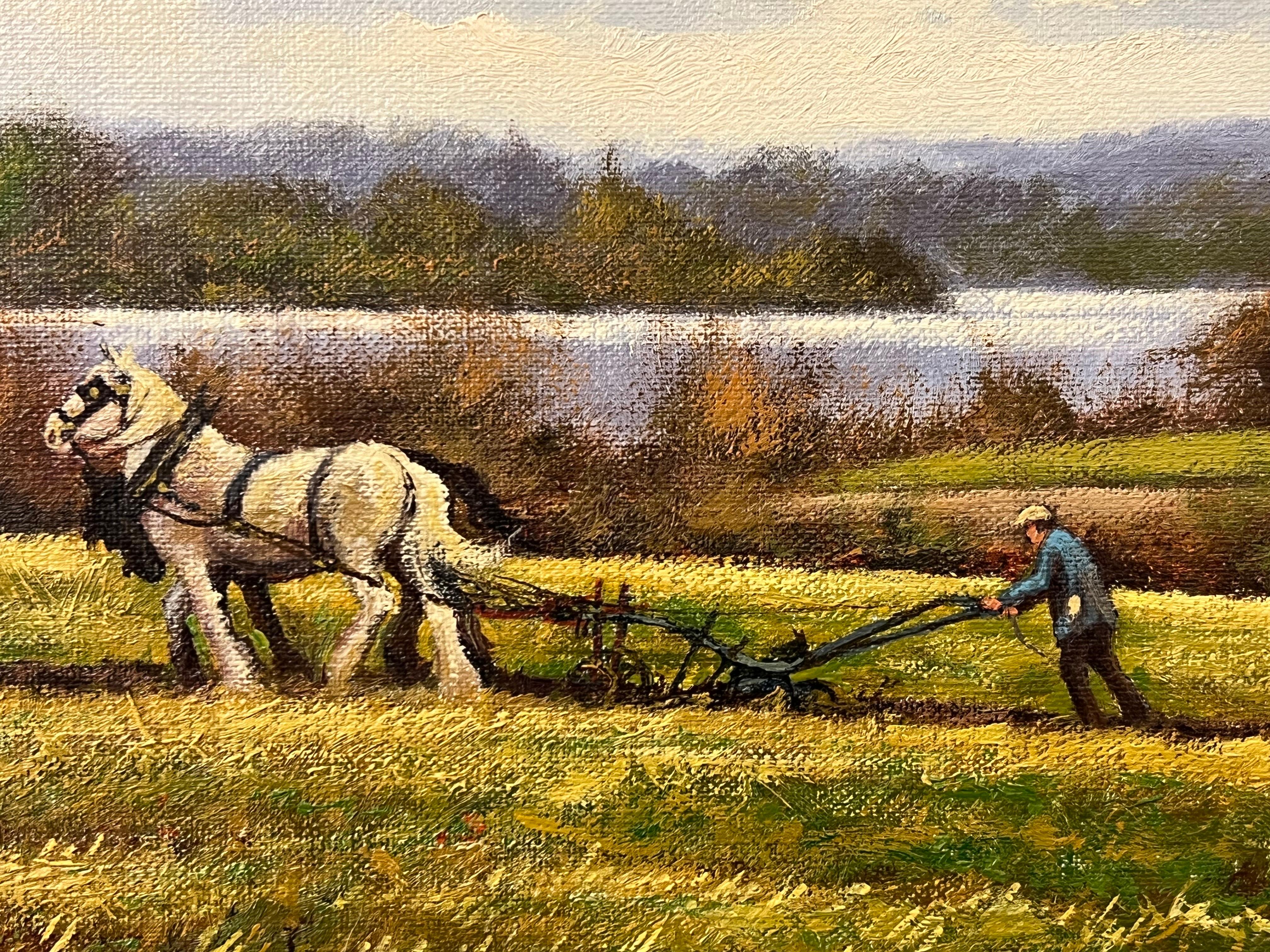 Oil Painting of English Countryside with Horses & Ploughman by British Artist For Sale 12