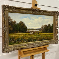 Pintura al óleo de la campiña inglesa con caballos y labrador por un artista británico