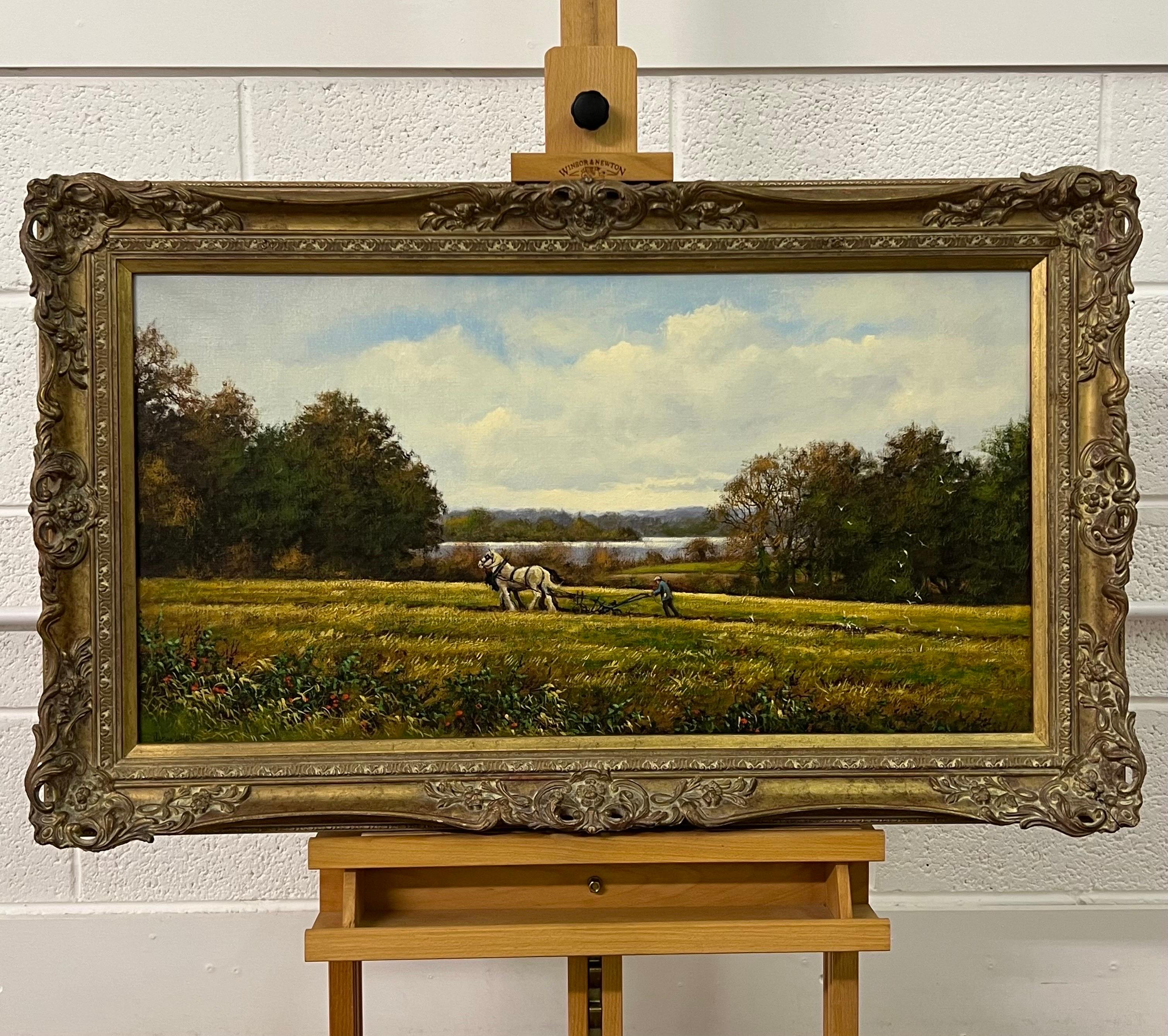 Traditional Oil Painting of the English Countryside with Horses & Ploughman by 20th Century Modern British Artist, James Wright. 

Art measures 30 x 16 inches
Frame measures 36 x 22 inches 

Presented in a beautiful ornate frame, this vintage